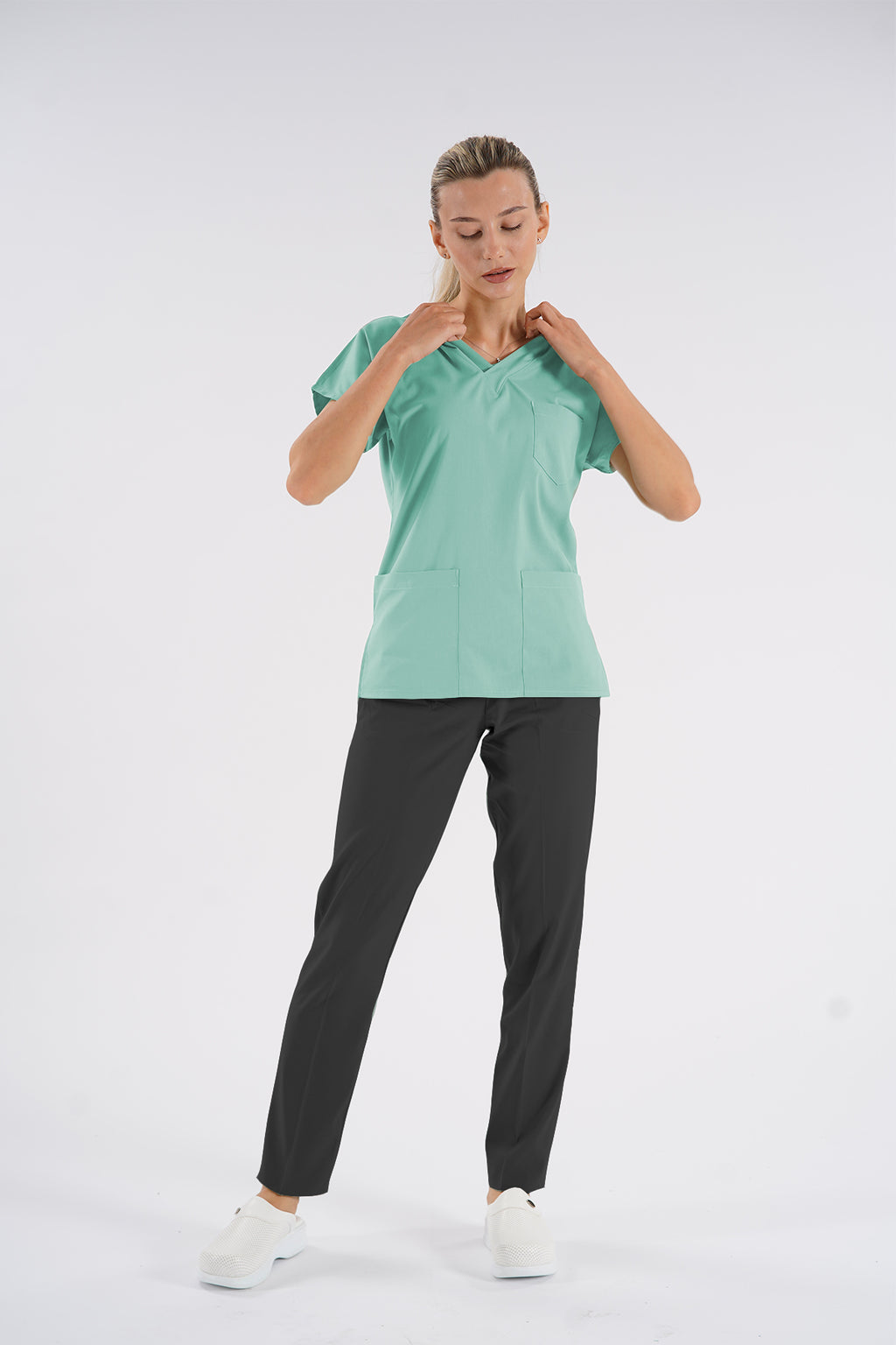 Buz Yeşili Dr.Greys Modeli Soft Likralı Hemşire Doktor Forması Scrubs Tek Üst Unisex Yarasa Kol