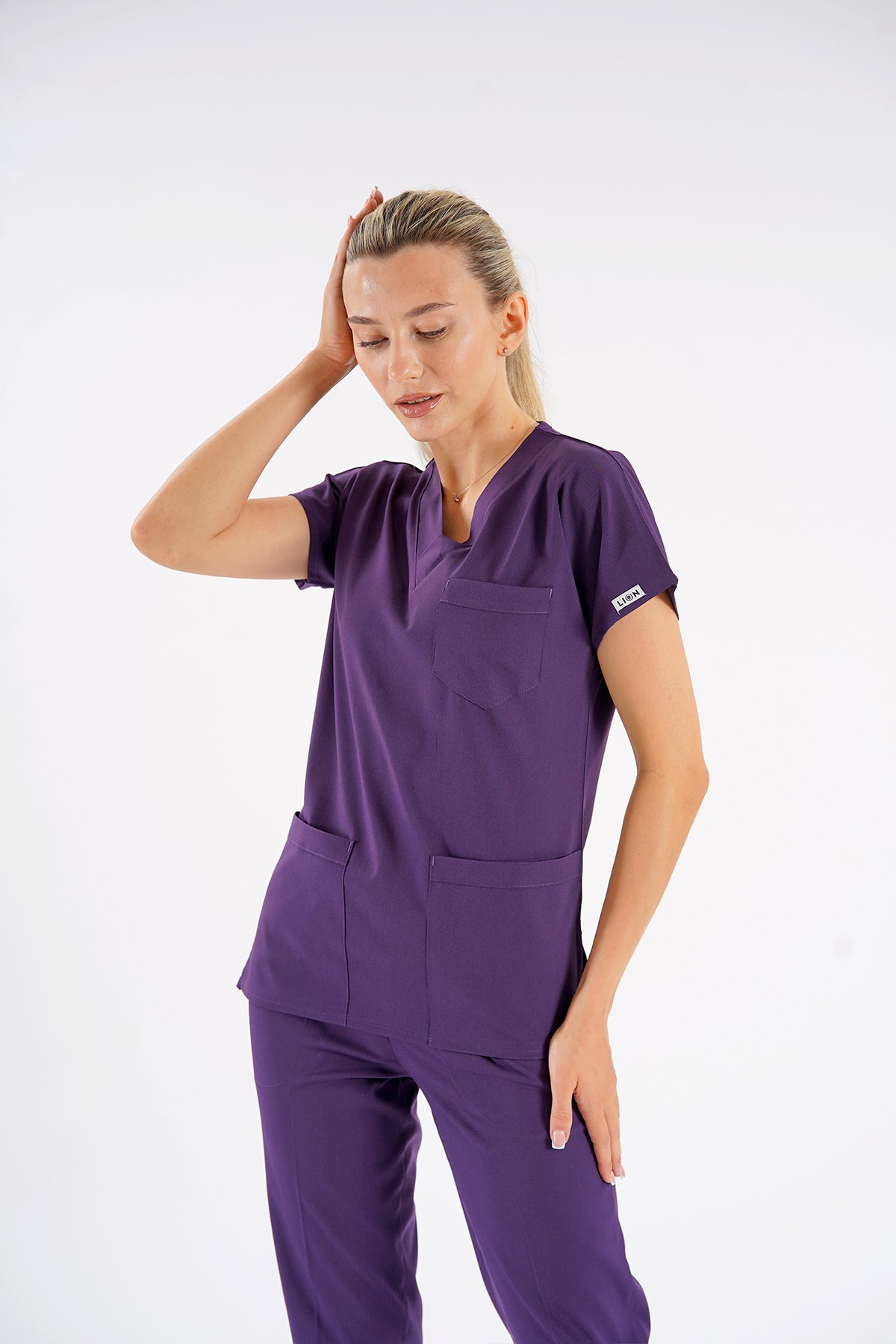 Mor Dr. Greys Modeli Likralı Hemşire Forması Unisex Yarasa Kol Doktor Scrubs Hastane Takımı