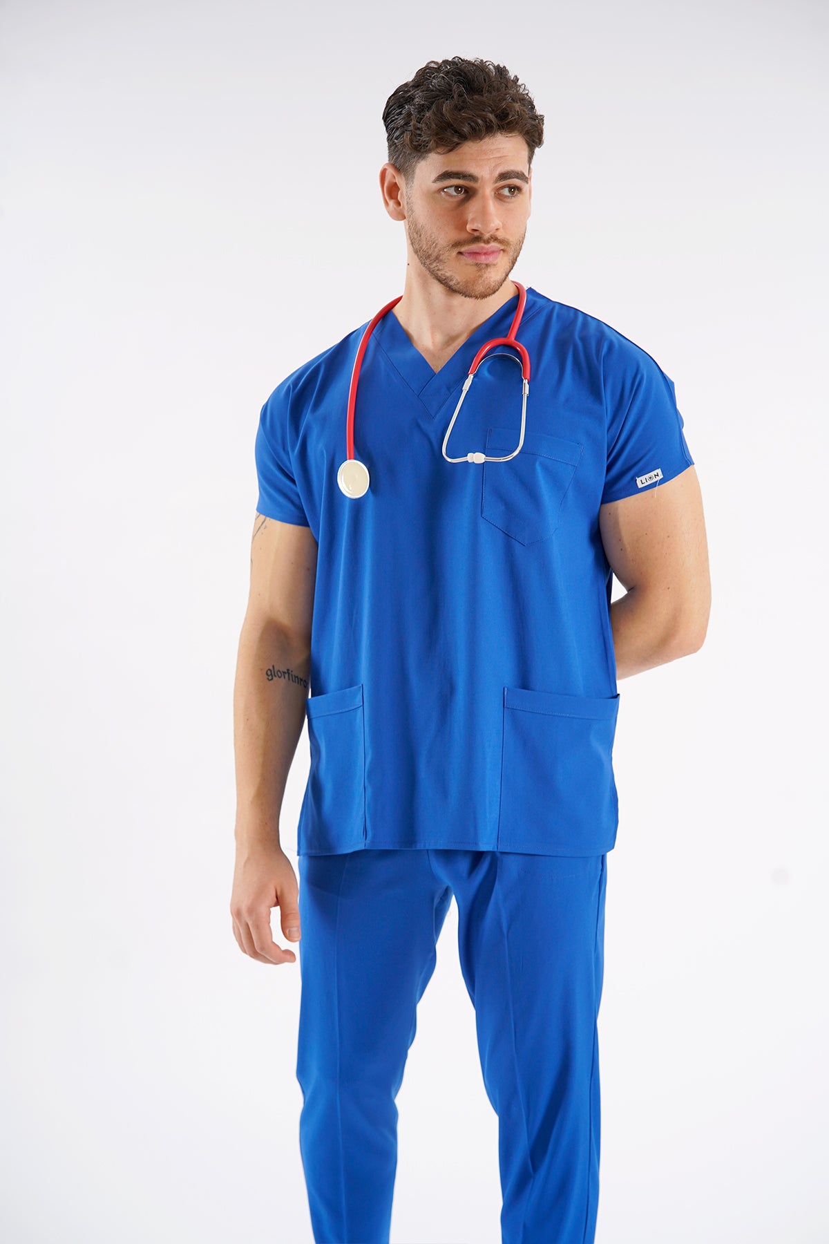 Saks Mavisi Dr. Greys Modeli Likralı Hemşire Forması Unisex Yarasa Kol Doktor Scrubs Hastane Takımı