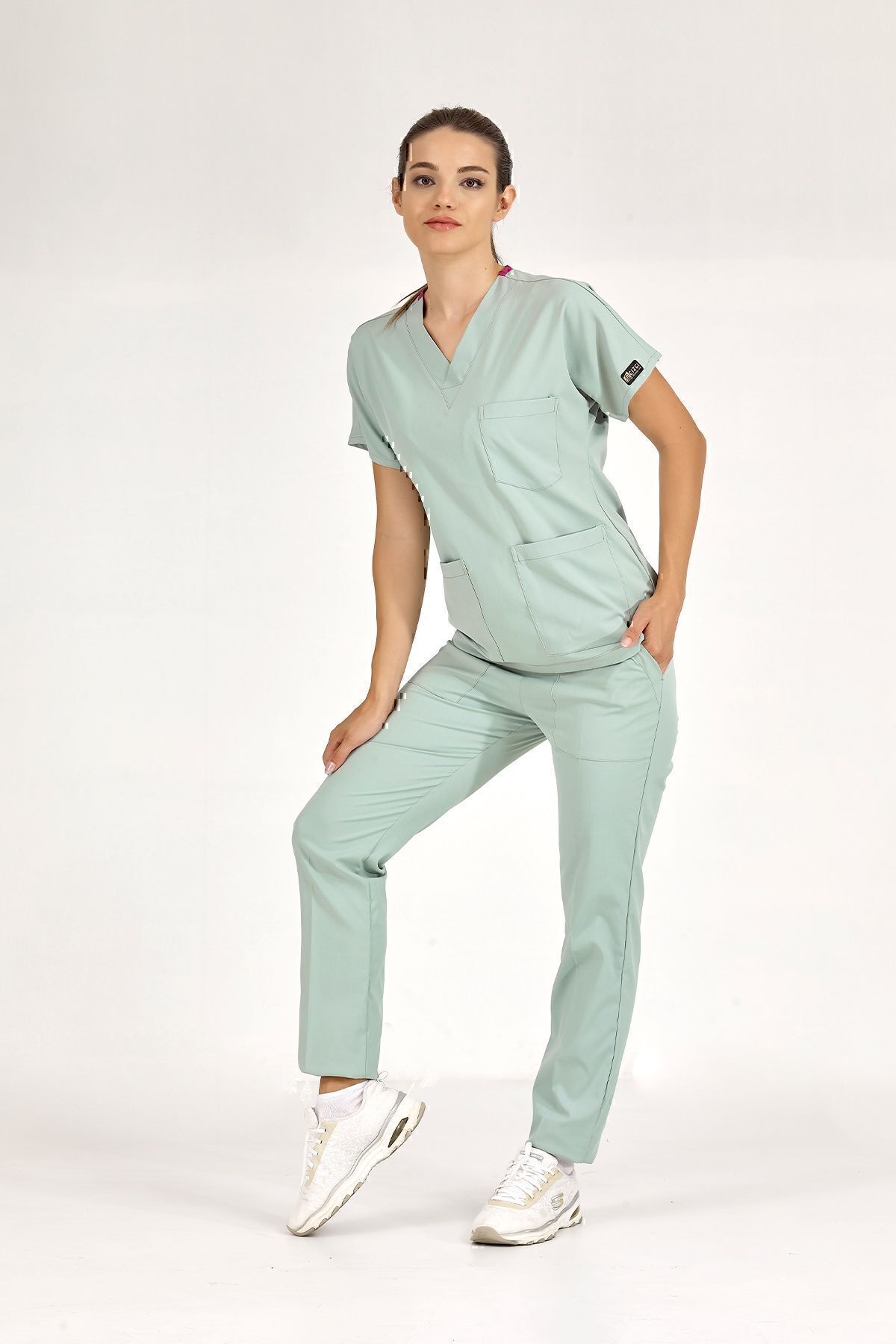 Mint Yeşili Lüks Likralı Üniforma Takımlar Yüksek Kaliteli Likralı Scrubs