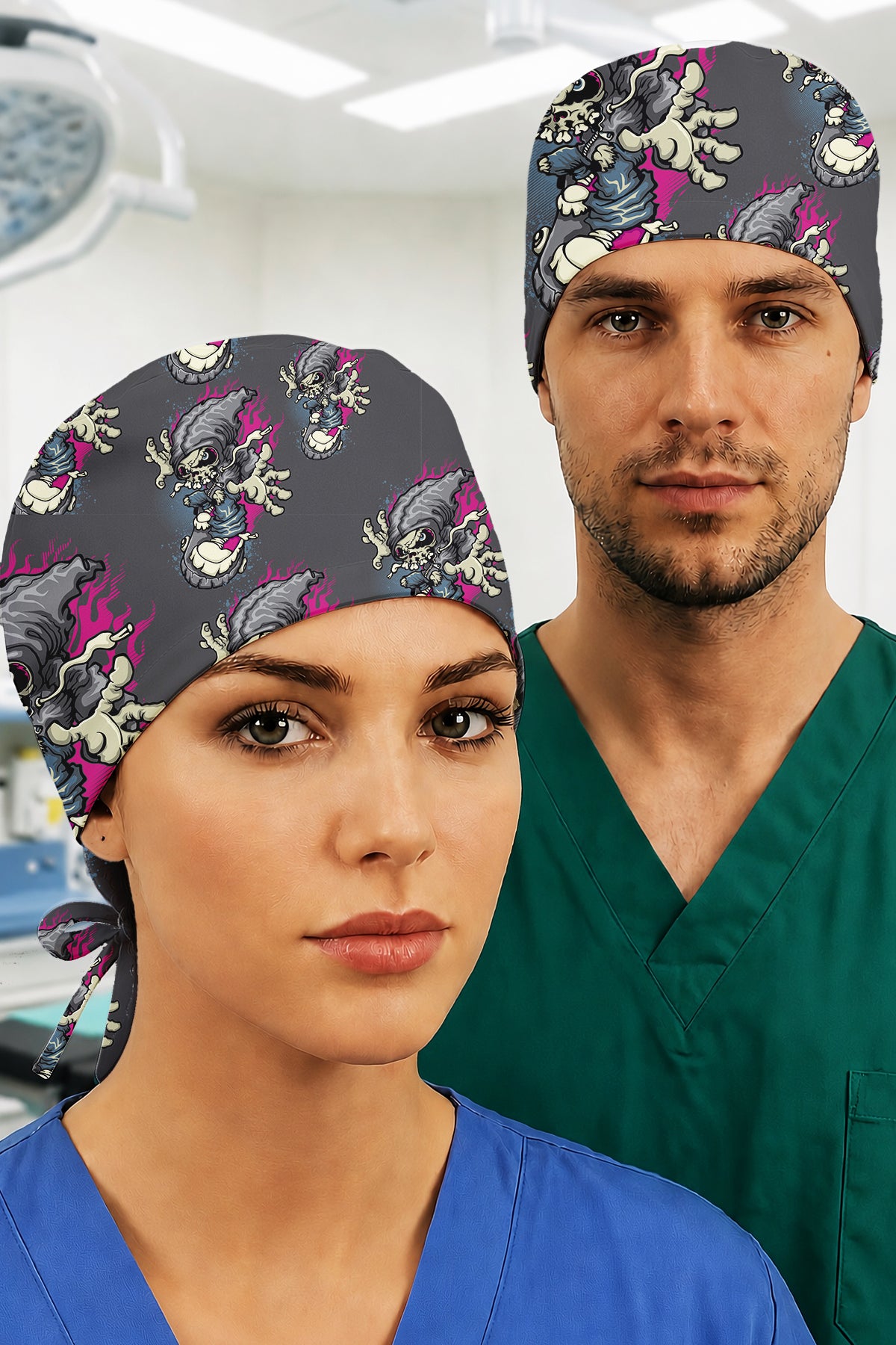 Kaykay Canavar Desenli Unisex Cerrahi Bone Hemşire ve Doktor Bone - Kaykay Canavar