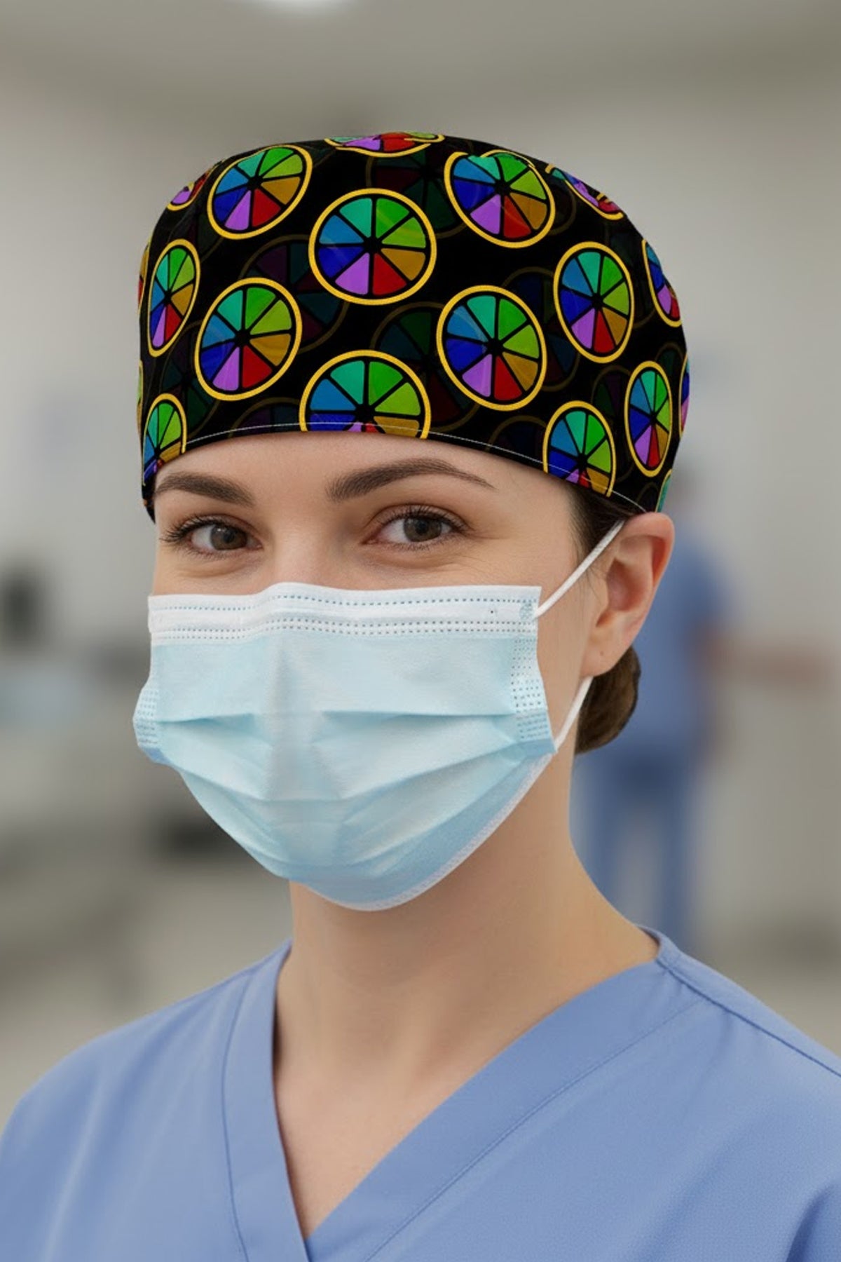 İstik Çiçek Desenli Cerrahi Bone Unisex – Likralı Doktor Hemşire Bonesi - İstik Çiçek