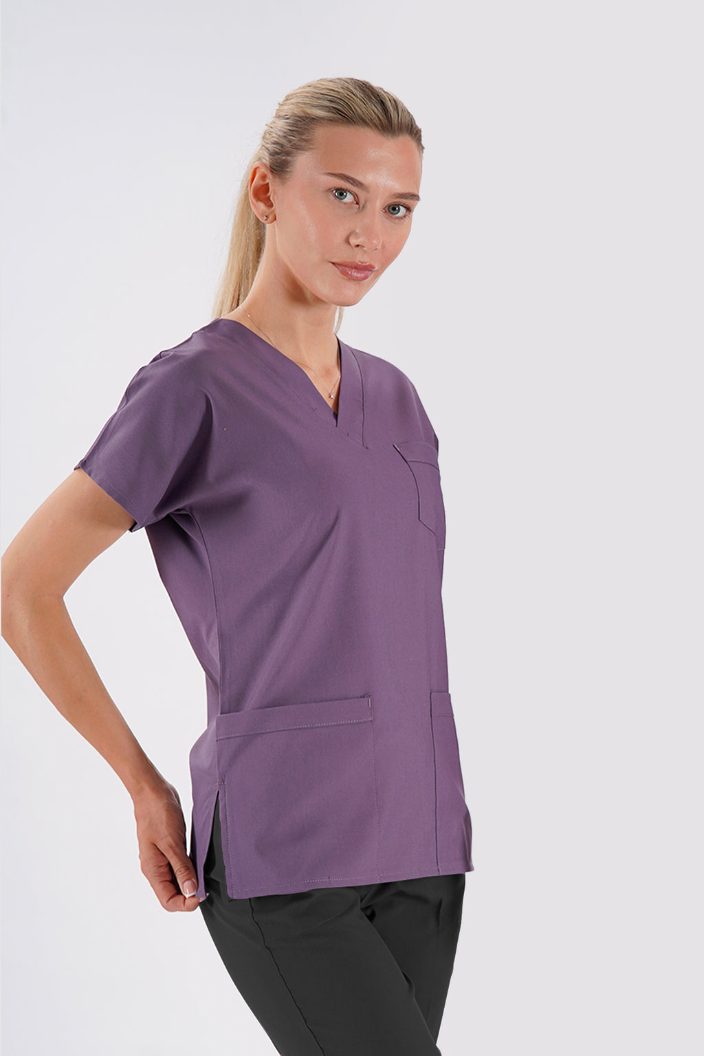 Açık Mürdüm Dr.Greys Modeli Likralı Hemşire Doktor Forması Scrubs Tek Üst Unisex Yarasa Kol