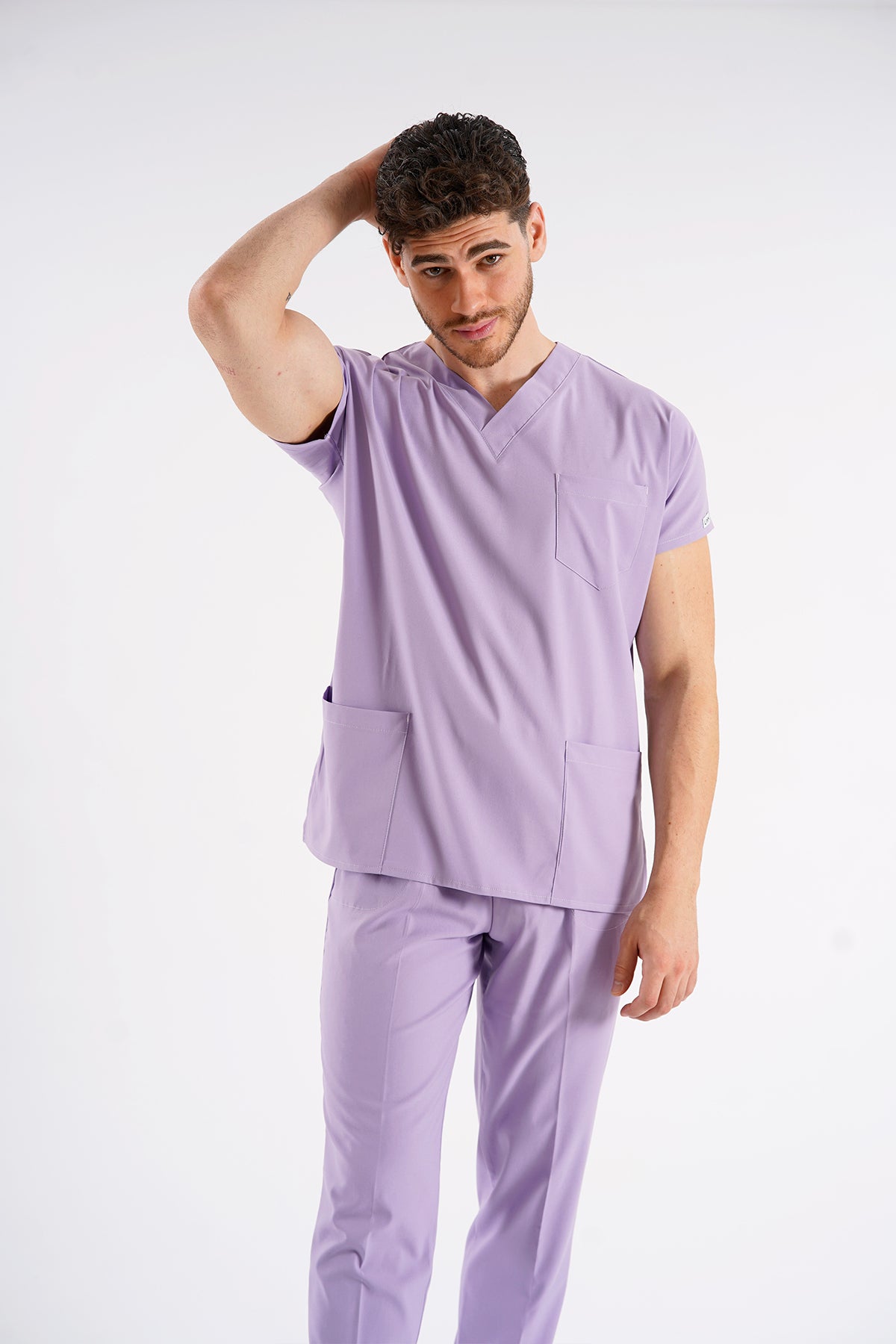Lila Dr. Greys Modeli Likralı Hemşire Forması Unisex Yarasa Kol Doktor Scrubs Hastane Takımı