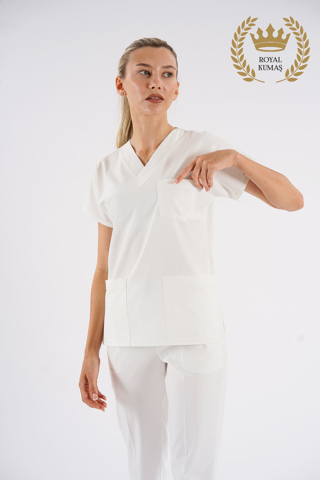 Dr.greys Modeli Beyaz Royal Çift Yön Likralı Premium Scrubs