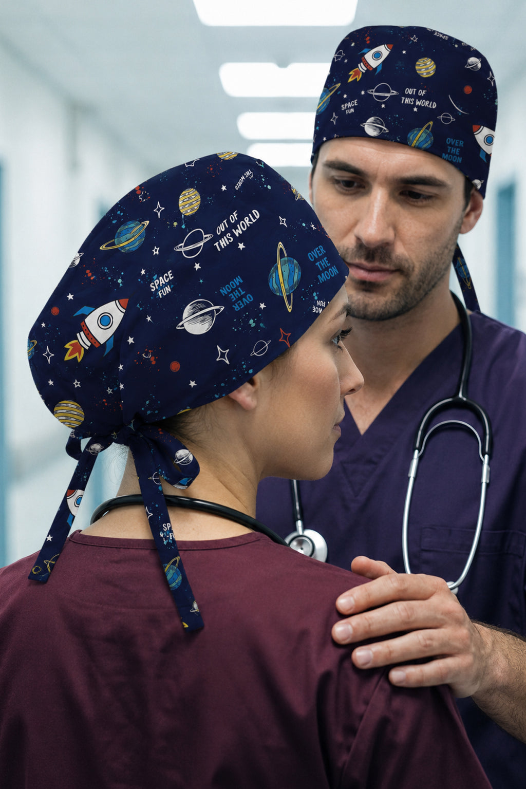 Uzay Gezegen Desenli Unisex Cerrahi Bone Hemşire ve Doktor Bone - Uzay Gezegen