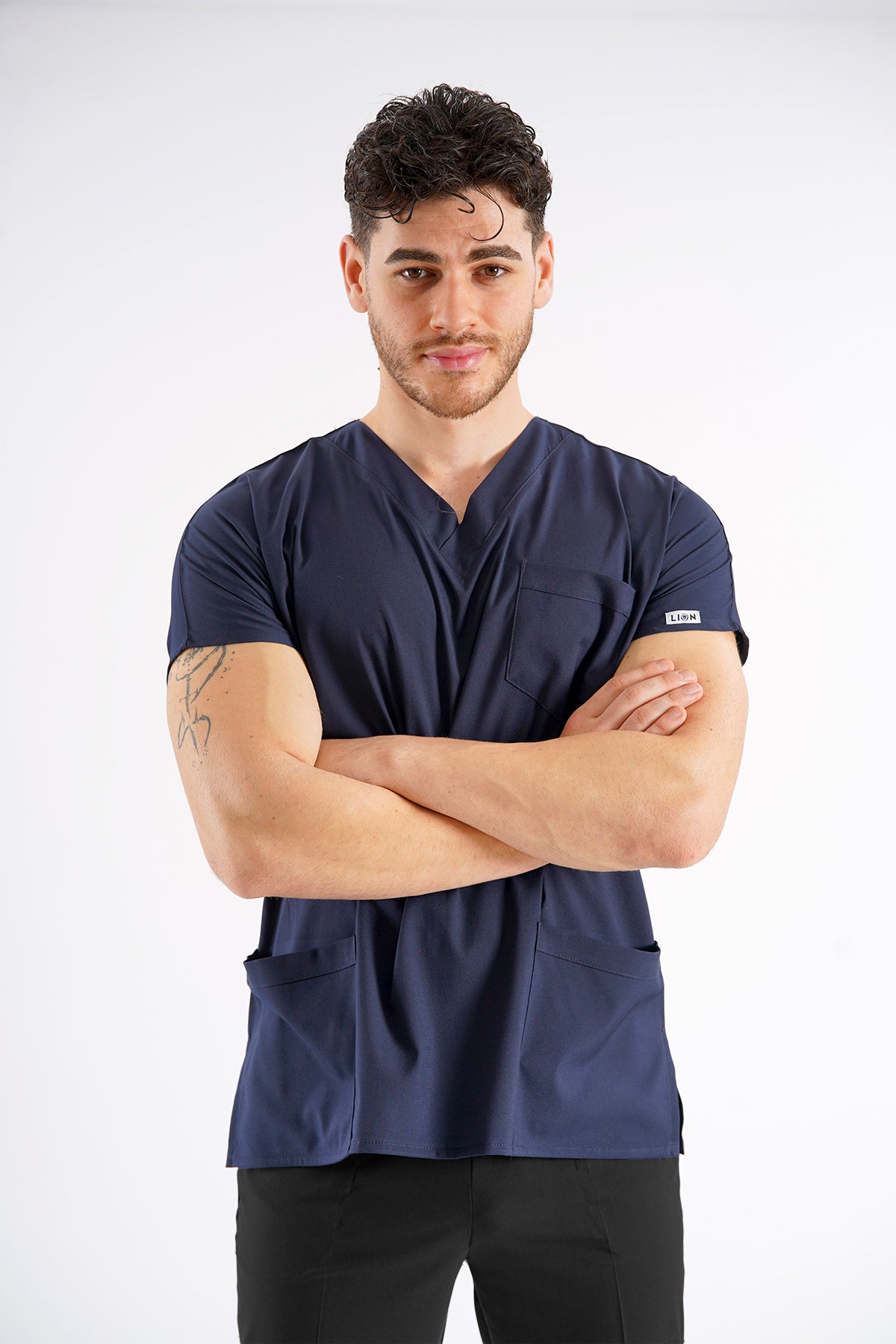 Lacivert Dr. Greys Modeli Likralı Hemşire Doktor Forması Scrubs Tek Üst Unisex Yarasa Kol