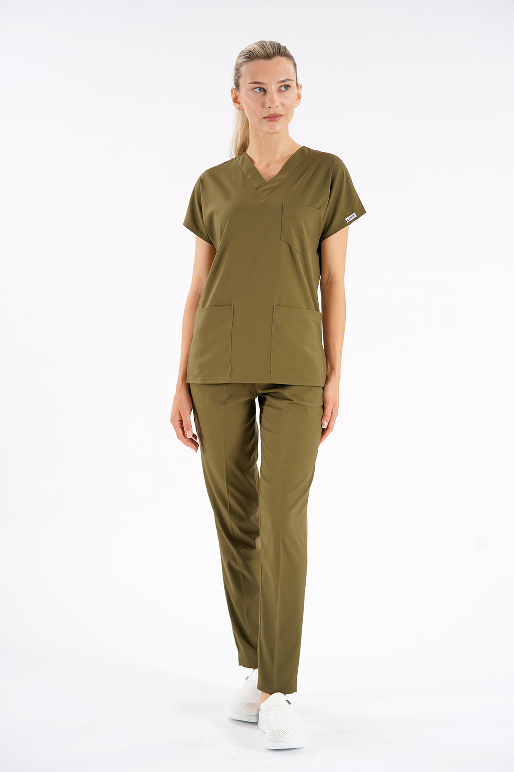 Haki Dr. Greys Modeli Likralı Hemşire Forması Unisex Yarasa Kol Doktor Scrubs Hastane Takımı