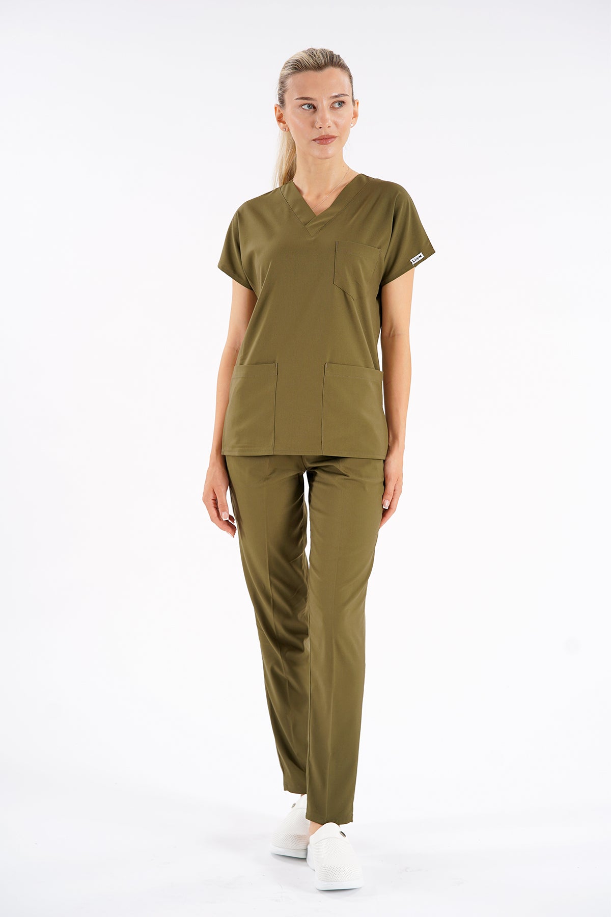 Haki Dr. Greys Modeli Likralı Hemşire Forması Unisex Yarasa Kol Doktor Scrubs Hastane Takımı