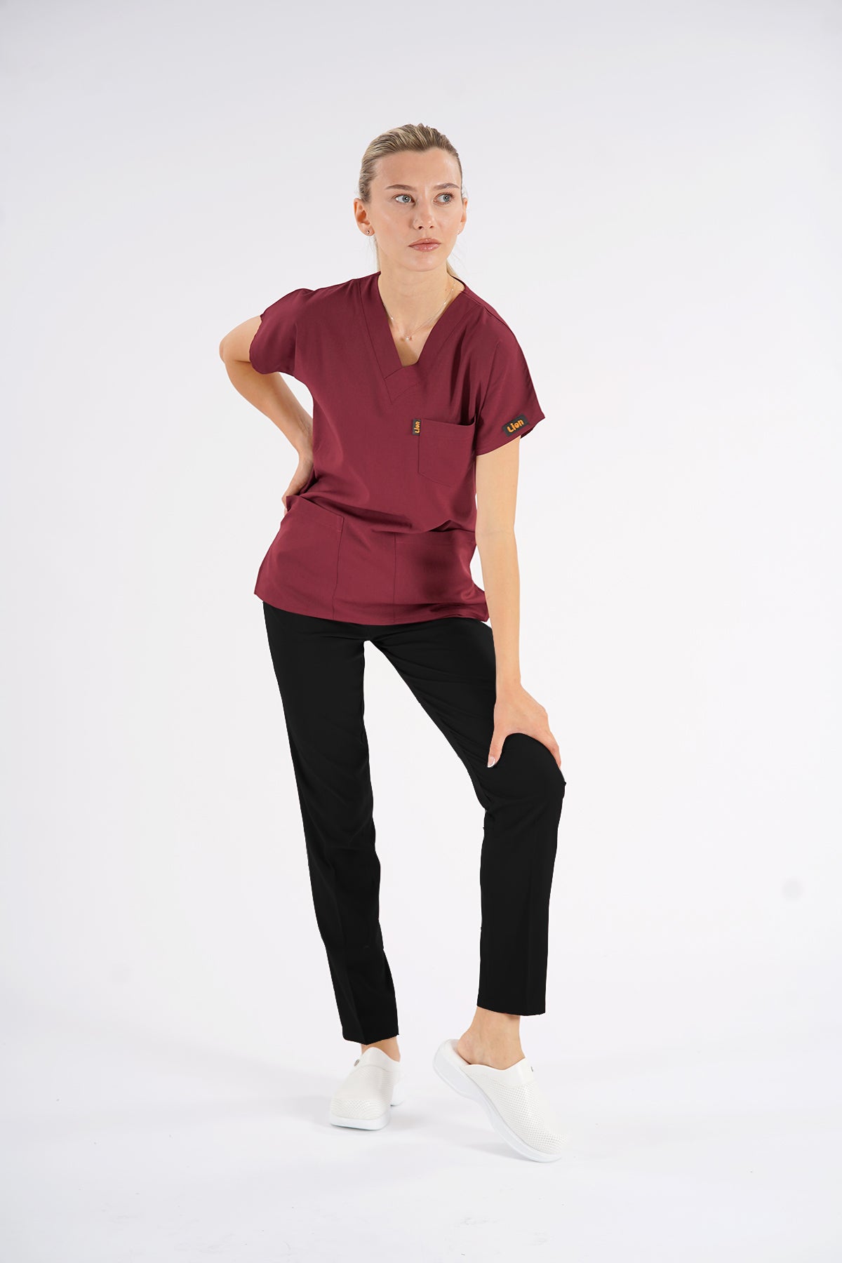 Bordo Dr.Greys Modeli Likralı Hemşire Doktor Forması Scrubs Tek Üst Unisex Yarasa Kol
