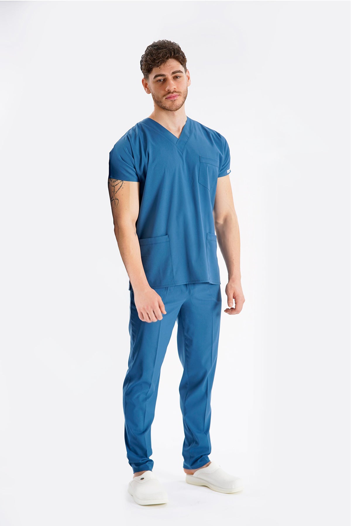 Fırtına Mavi Dr. Greys Modeli Likralı Hemşire Forması Unisex Yarasa Kol Doktor Scrubs Hastane Takımı