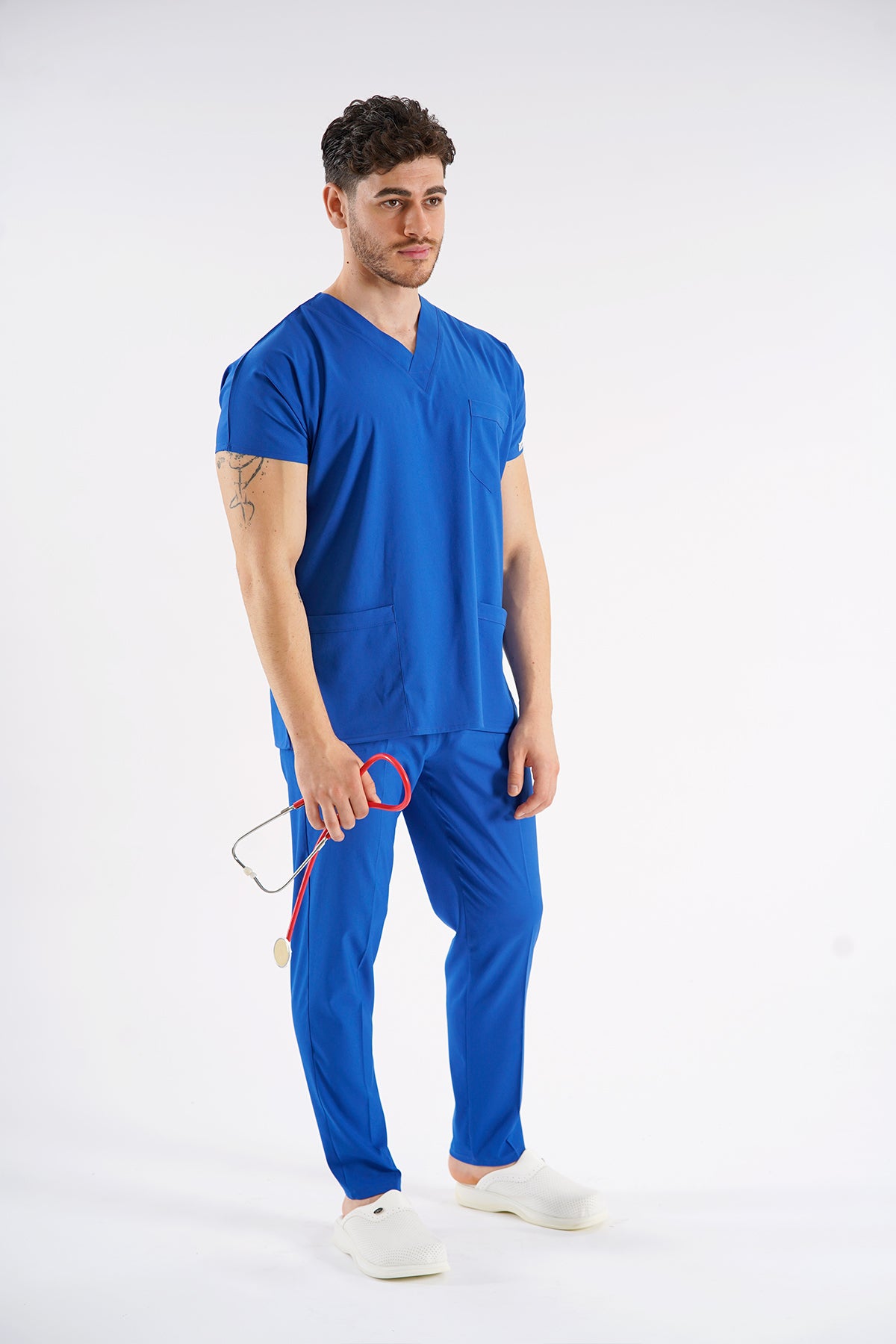 Saks Mavisi Dr. Greys Modeli Likralı Hemşire Forması Unisex Yarasa Kol Doktor Scrubs Hastane Takımı