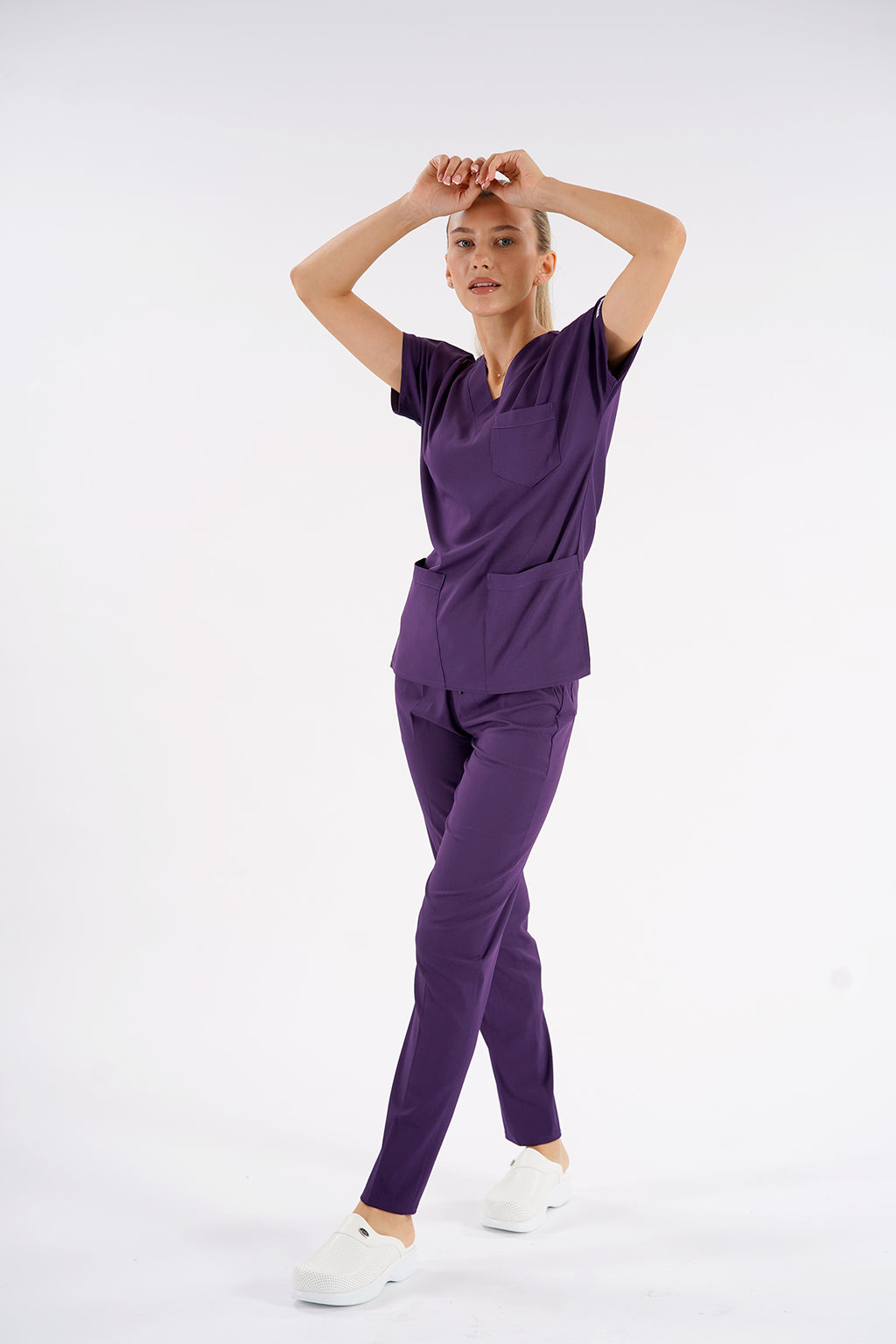 Mor Dr. Greys Modeli Likralı Hemşire Forması Unisex Yarasa Kol Doktor Scrubs Hastane Takımı