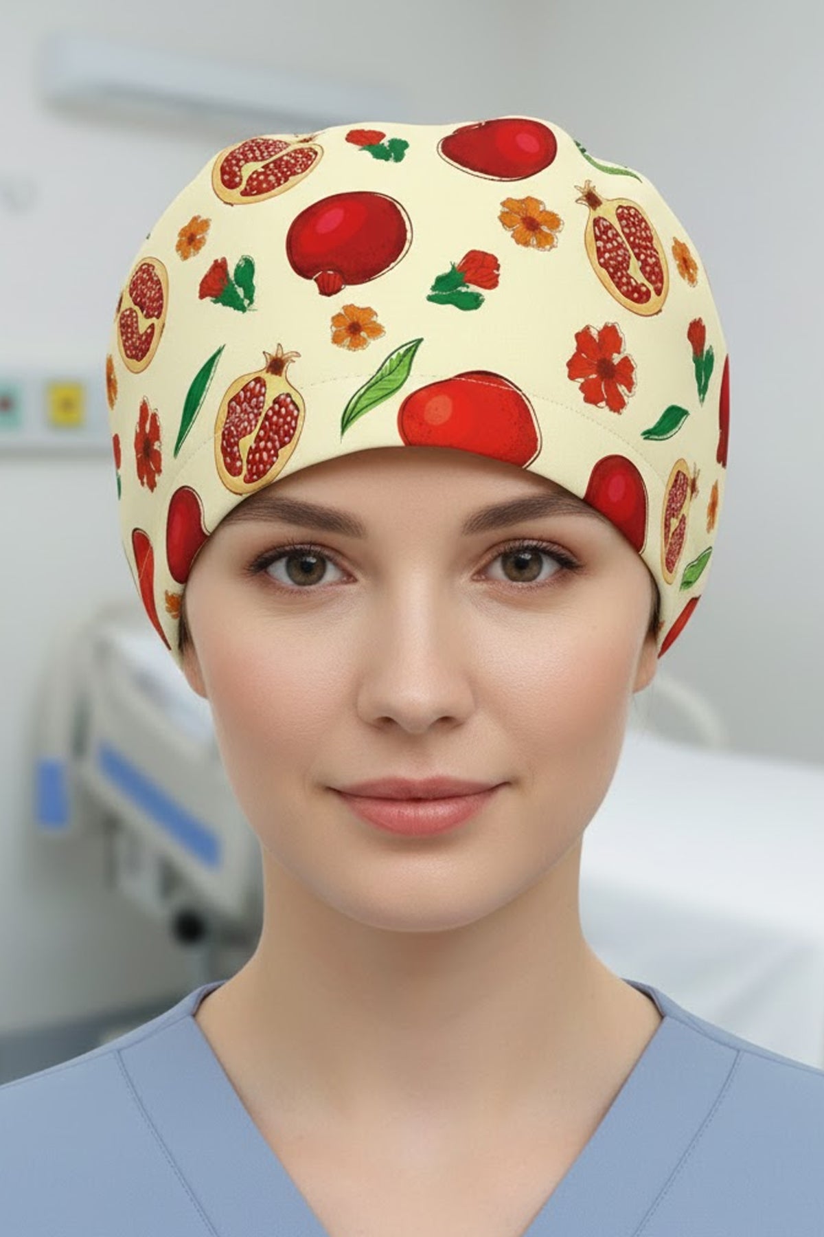 Nar Desenli Cerrahi Bone Unisex – Likralı Doktor Hemşire Bonesi - Nar Desen
