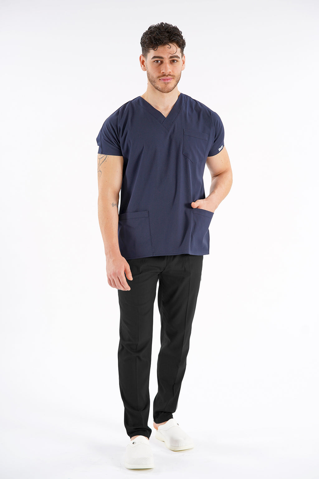 Lacivert Dr. Greys Modeli Likralı Hemşire Doktor Forması Scrubs Tek Üst Unisex Yarasa Kol