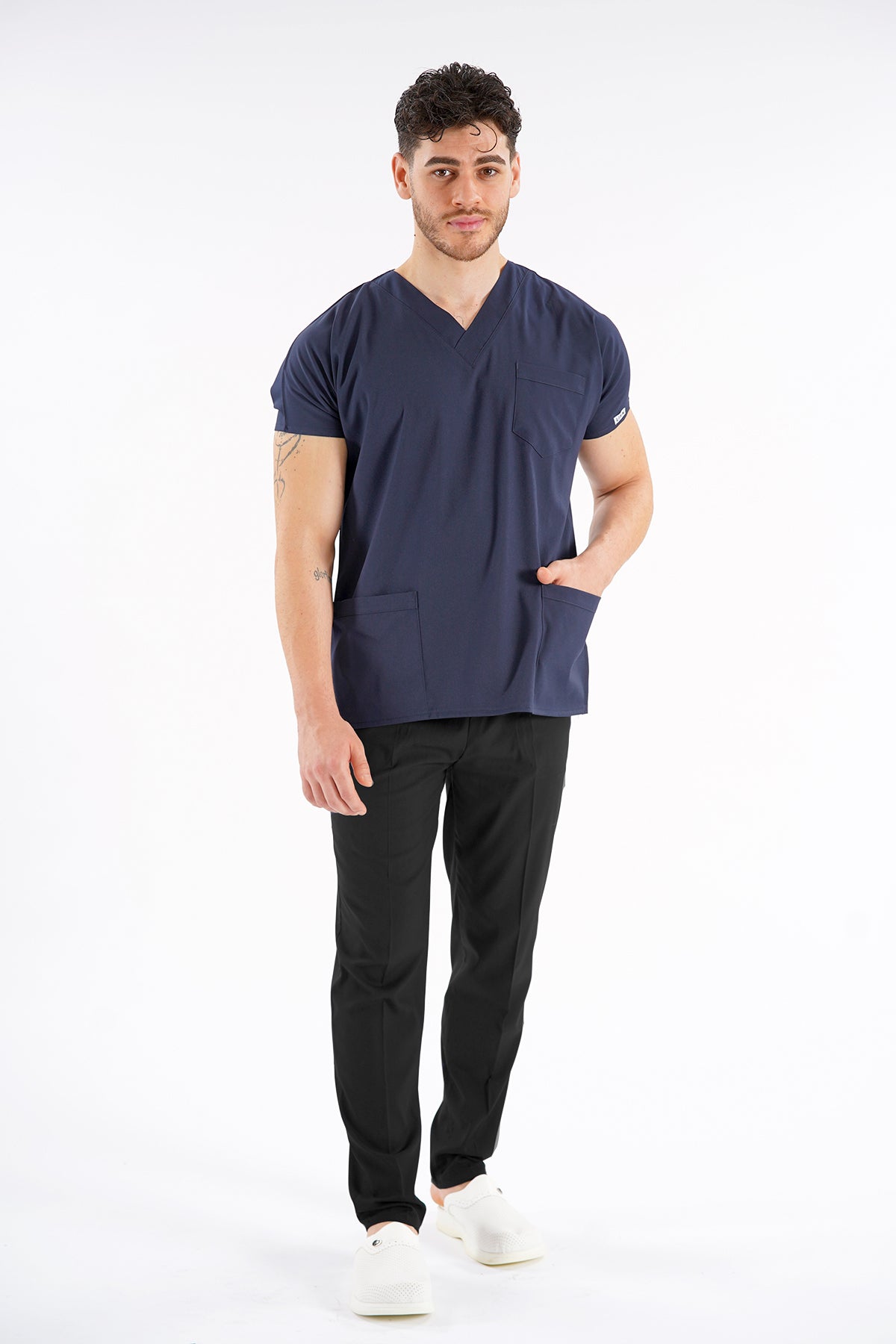 Lacivert Dr. Greys Modeli Likralı Hemşire Doktor Forması Scrubs Tek Üst Unisex Yarasa Kol