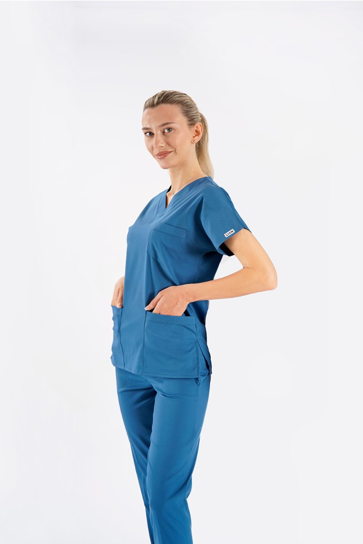 Fırtına Mavi Dr. Greys Modeli Likralı Hemşire Forması Unisex Yarasa Kol Doktor Scrubs Hastane Takımı