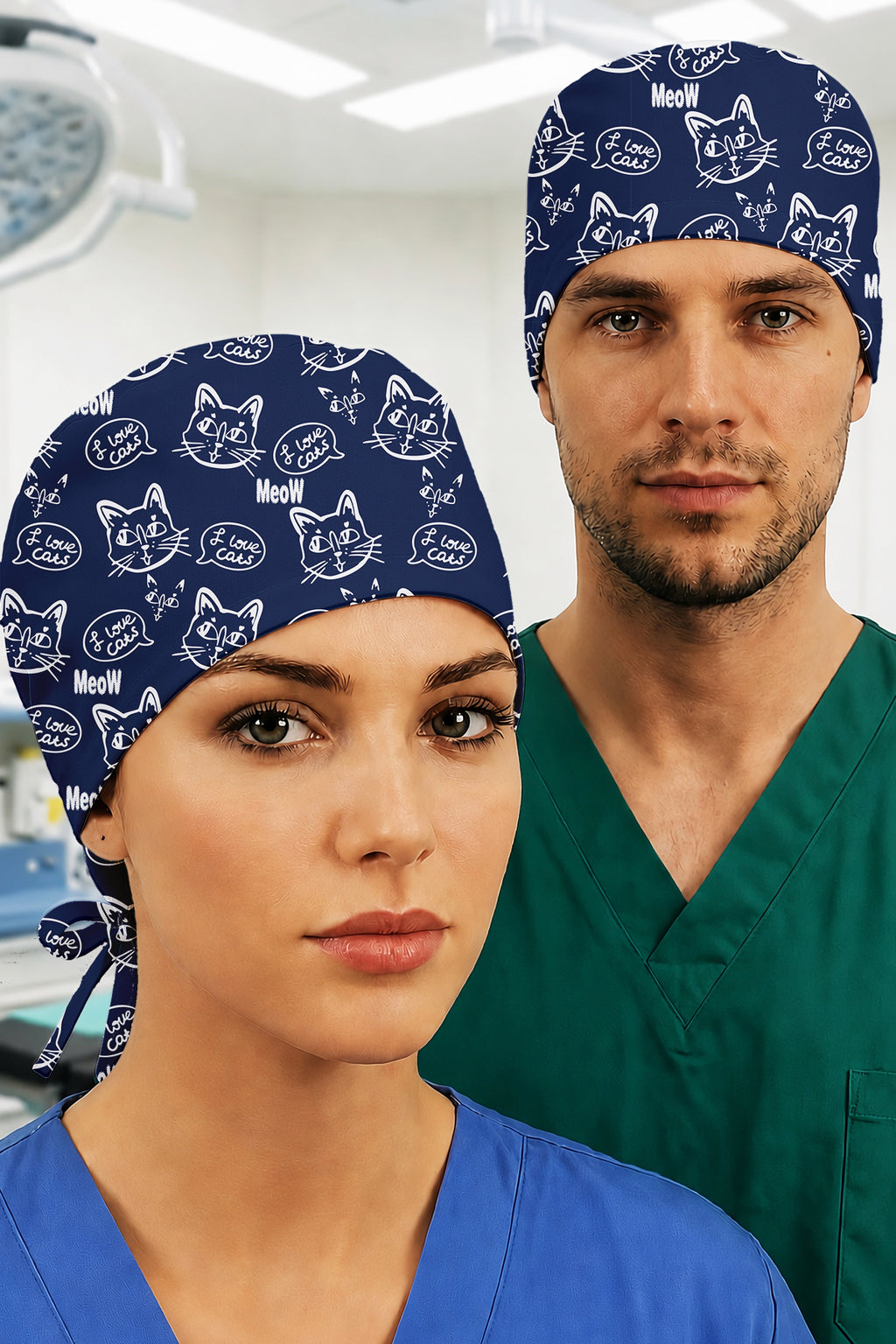 Miyav Mavi Desenli Unisex Cerrahi Bone Hemşire ve Doktor Bone - Miyav Mavi