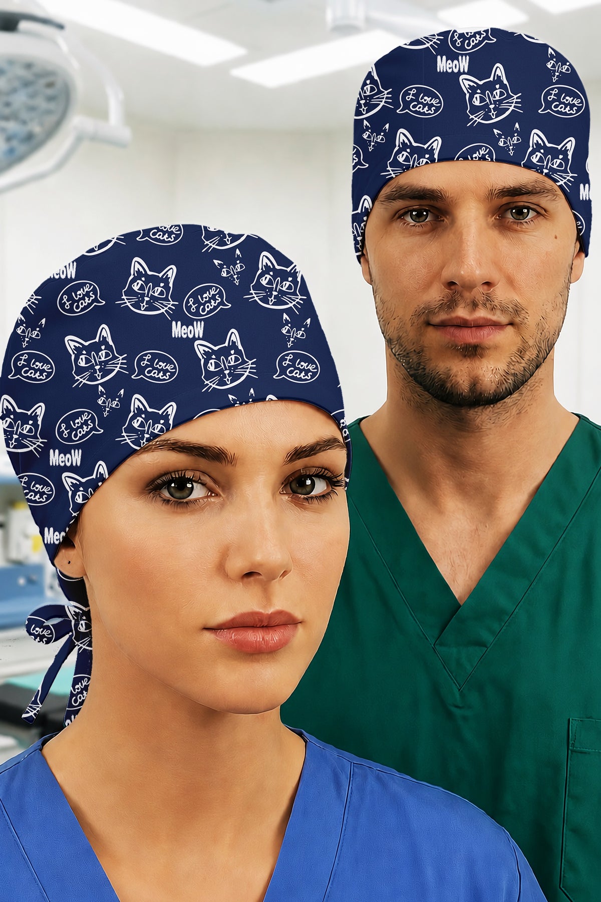 Miyav Mavi Desenli Unisex Cerrahi Bone Hemşire ve Doktor Bone - Miyav Mavi