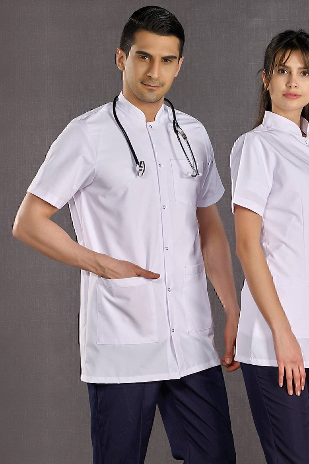 Erkek Hakim Yaka Kısa Kol Kısa Önlük Hemşire Eczacı Öğretmen Doktor- Alpaka Kumaş