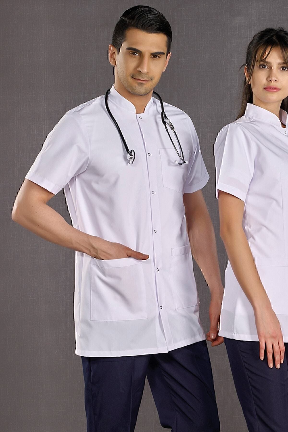 Erkek Hakim Yaka Kısa Kol Kısa Önlük Hemşire Eczacı Öğretmen Doktor- Alpaka Kumaş