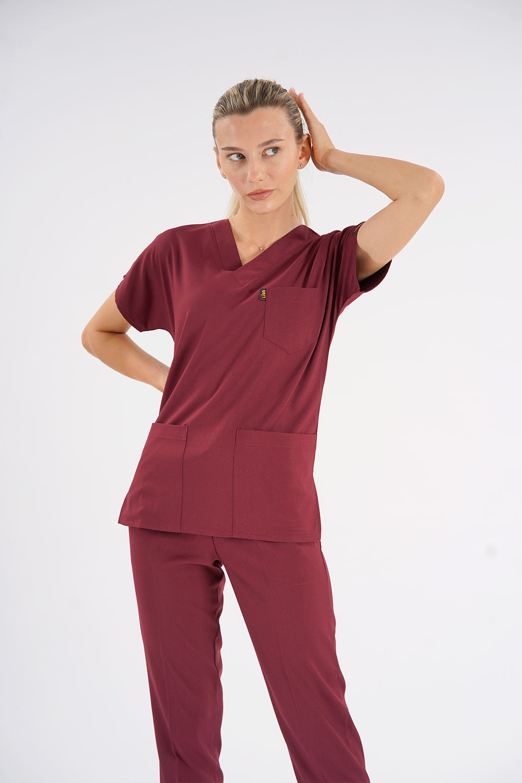 Bordo Dr. Greys Modeli Likralı Hemşire Forması Unisex Yarasa Kol Doktor Scrubs Hastane Takımı