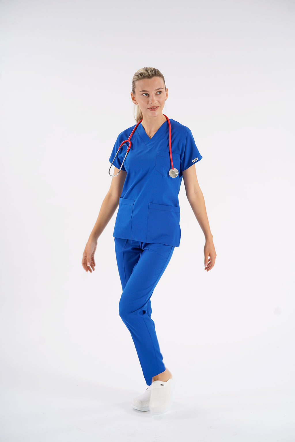 Saks Mavisi Dr. Greys Modeli Likralı Hemşire Forması Unisex Yarasa Kol Doktor Scrubs Hastane Takımı