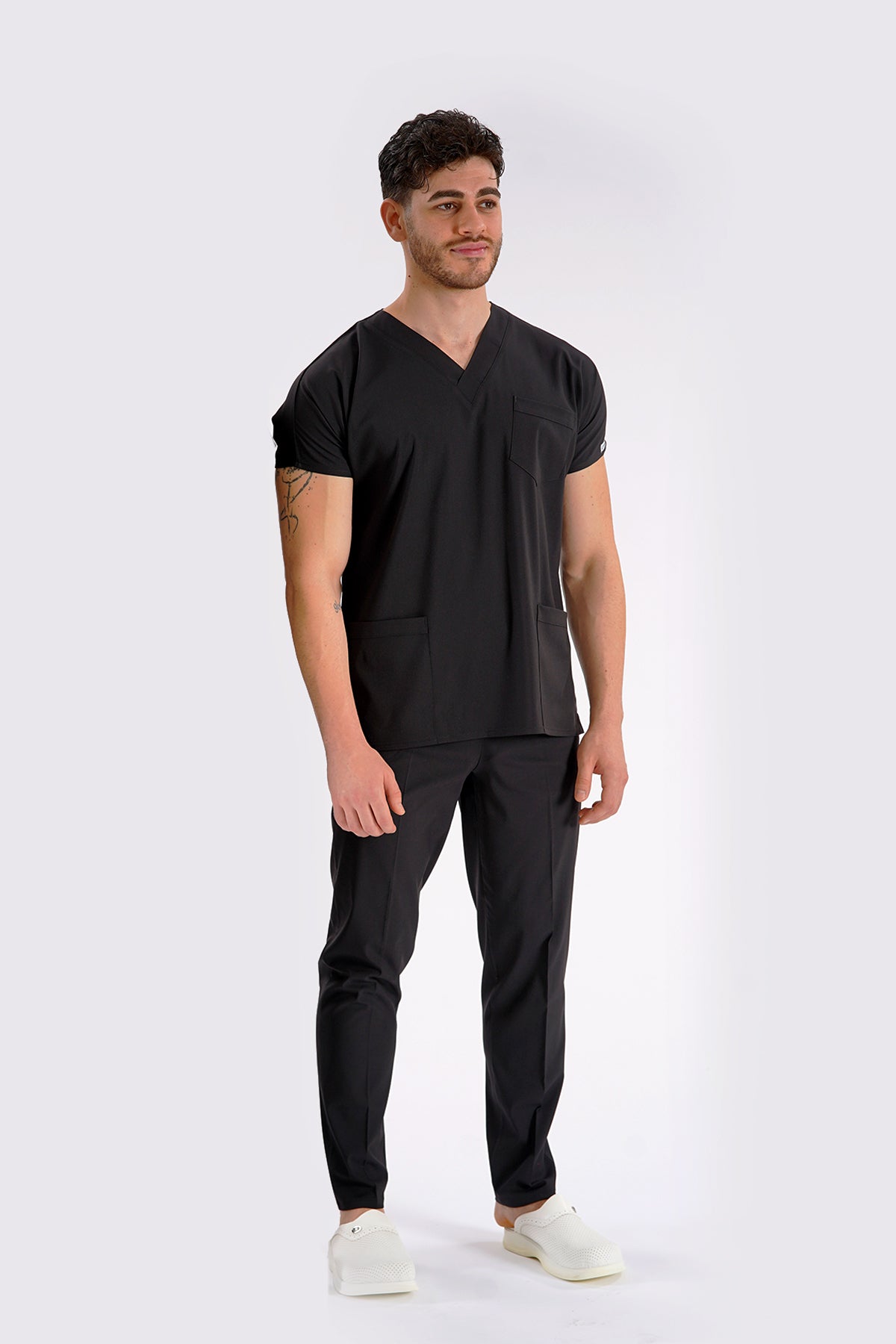 Siyah Dr. Greys Modeli Likralı Hemşire Forması Unisex Yarasa Kol Doktor Scrubs Hastane Takımı