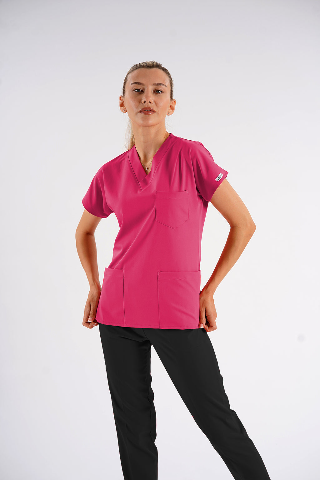 Fuşya Dr.Greys Modeli Soft Likralı Hemşire Doktor Forması Scrubs Tek Üst Unisex Yarasa Kol