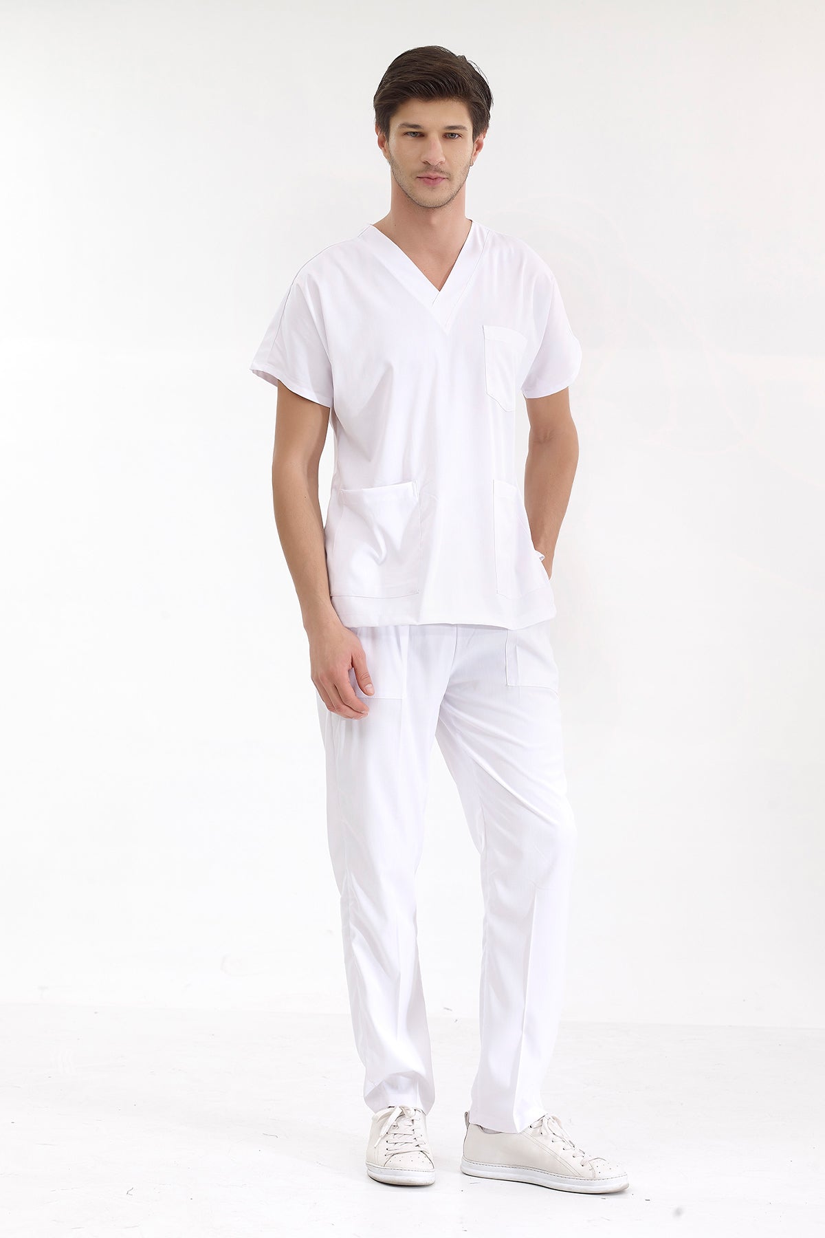 Beyaz Lüks Likralı Greys Alt Üst Takım Doktor Hemşire Scrubs Üniforma
