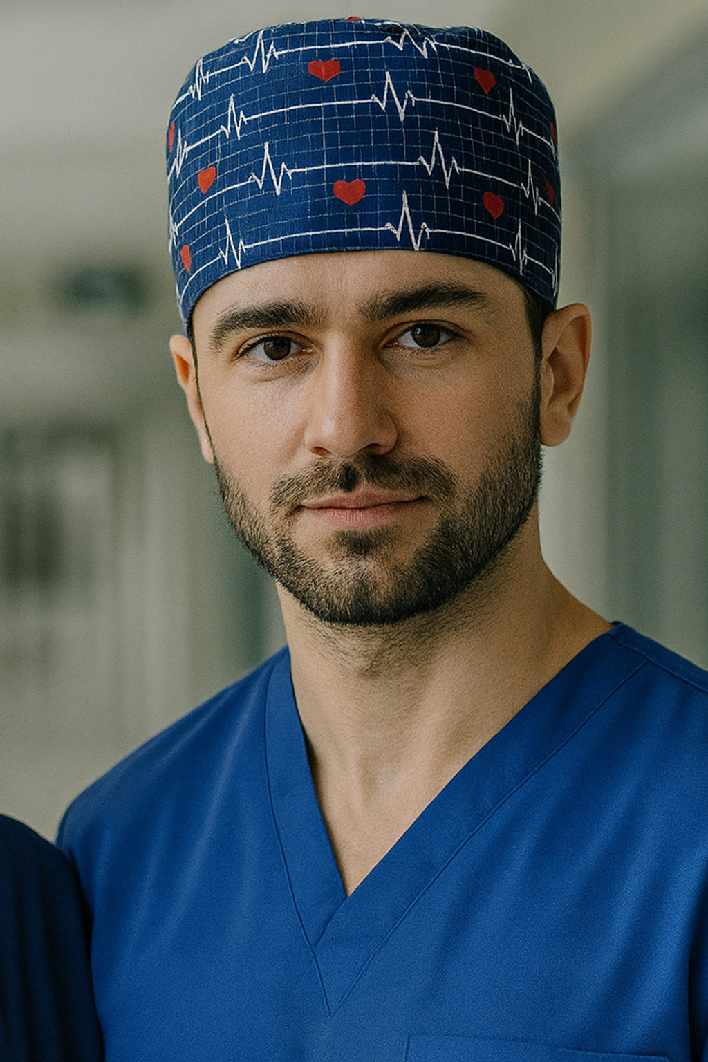 EKG Lacivert Desenli Cerrahi Bone Unisex – Likralı Doktor Hemşire Bonesi - EKG Lacivert