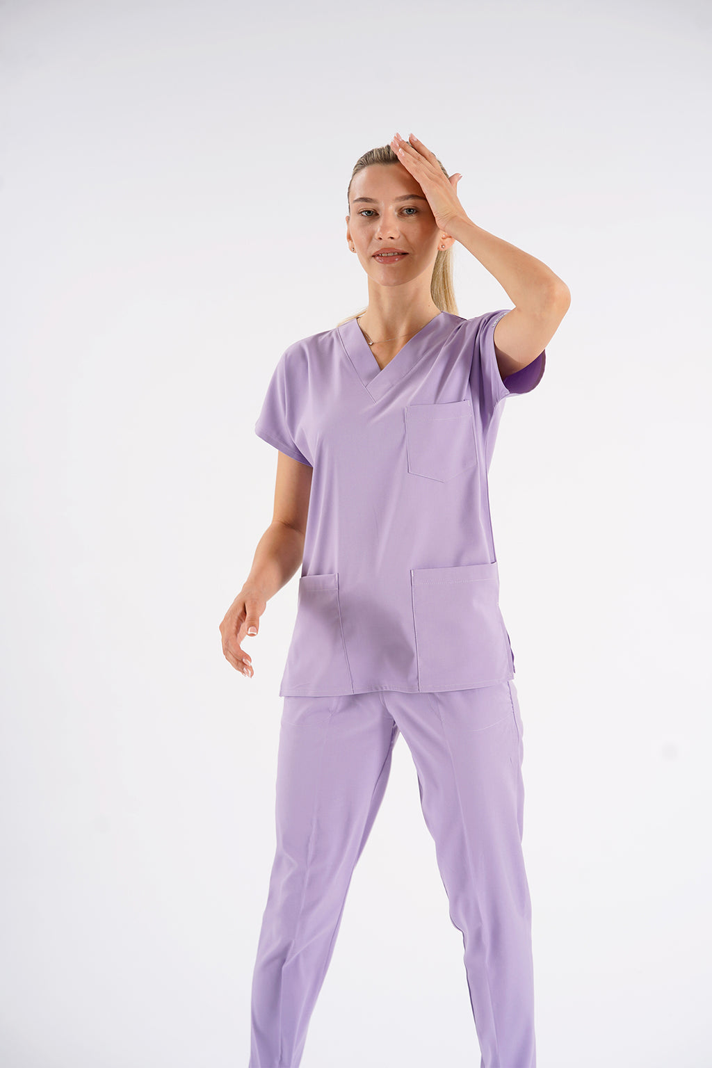 Lila Dr. Greys Modeli Likralı Hemşire Forması Unisex Yarasa Kol Doktor Scrubs Hastane Takımı