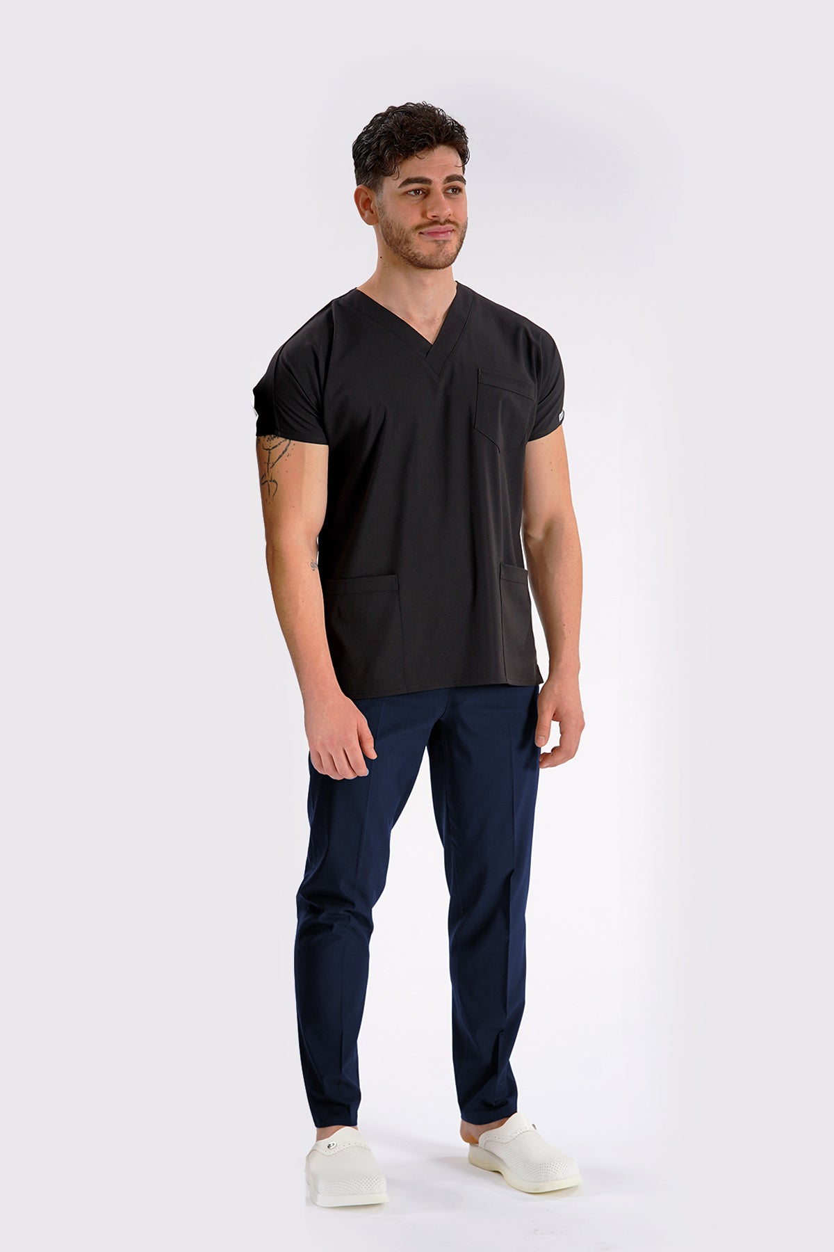 Siyah Dr.Greys Modeli Likralı Hemşire Doktor Forması Scrubs Tek Üst Unisex Yarasa Kol