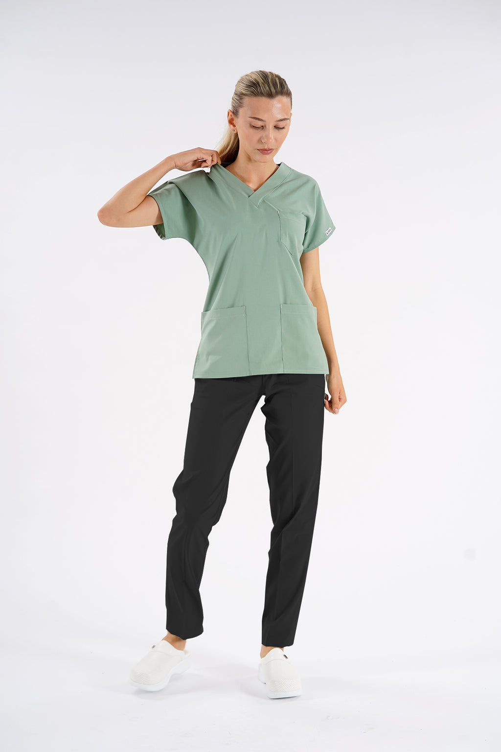 Küf Yeşili Dr. Greys Modeli Likralı Hemşire Doktor Forması Scrubs Tek Üst Unisex Yarasa Kol