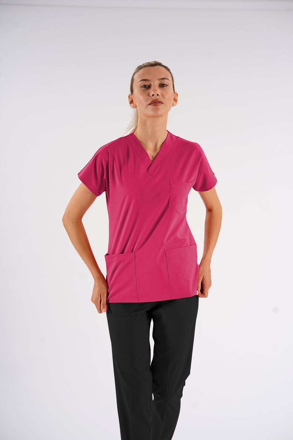 Fuşya Dr.Greys Modeli Soft Likralı Hemşire Doktor Forması Scrubs Tek Üst Unisex Yarasa Kol