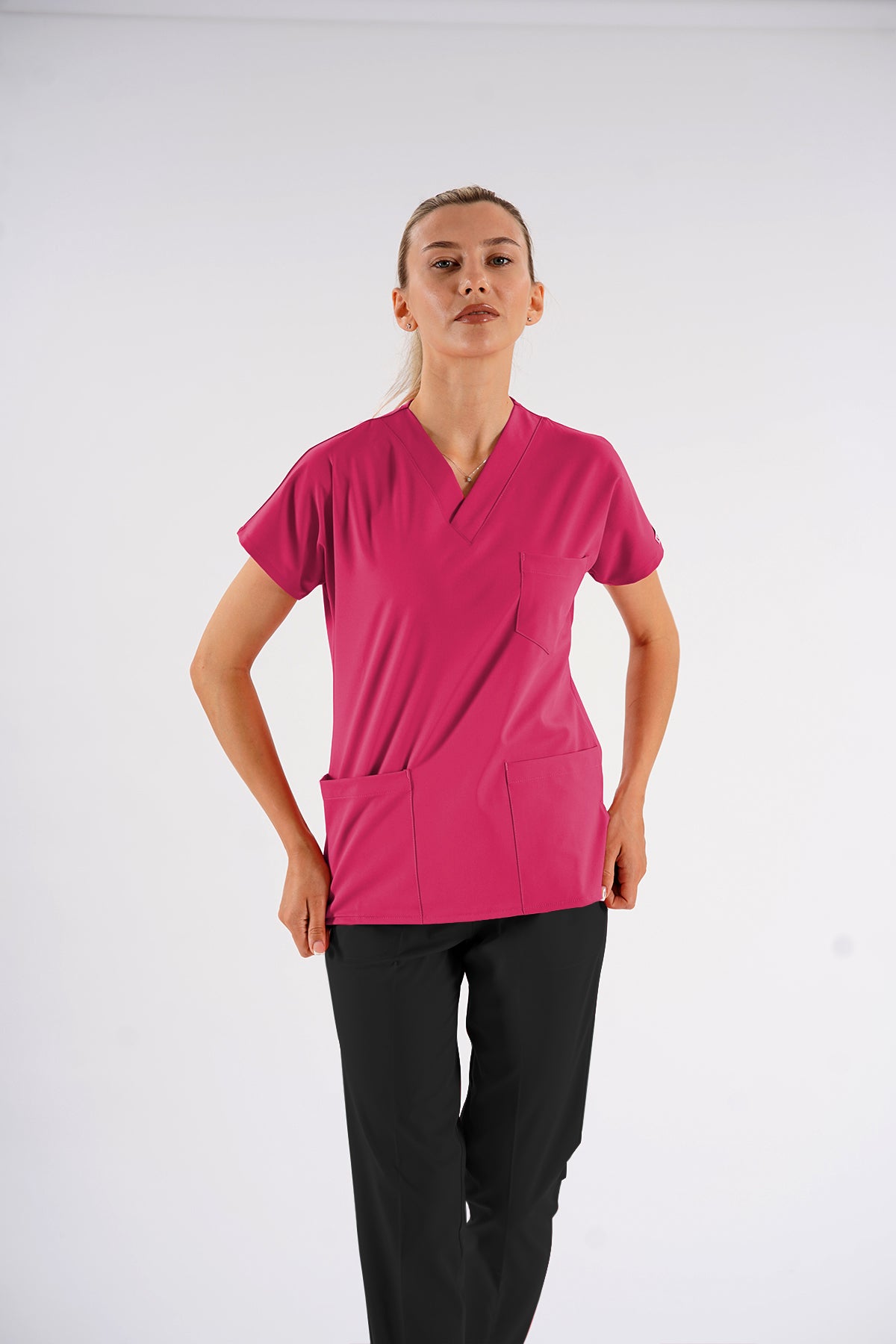 Fuşya Dr.Greys Modeli Soft Likralı Hemşire Doktor Forması Scrubs Tek Üst Unisex Yarasa Kol