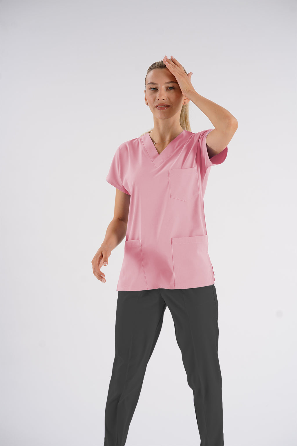 Toz Pembe Dr.Greys Modeli Soft Likralı Hemşire Doktor Forması Scrubs Tek Üst Unisex Yarasa Kol