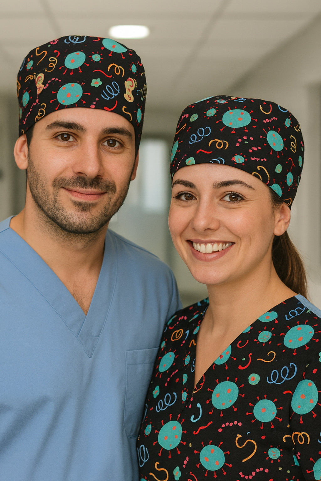 Mikrop 1 Desenli Cerrahi Bone Unisex – Likralı Doktor Hemşire Bonesi - Mikrop 1