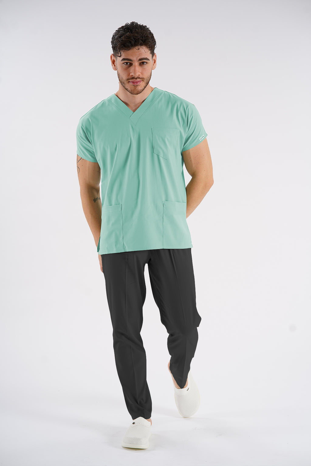 Buz Yeşili Dr.Greys Modeli Soft Likralı Hemşire Doktor Forması Scrubs Tek Üst Unisex Yarasa Kol