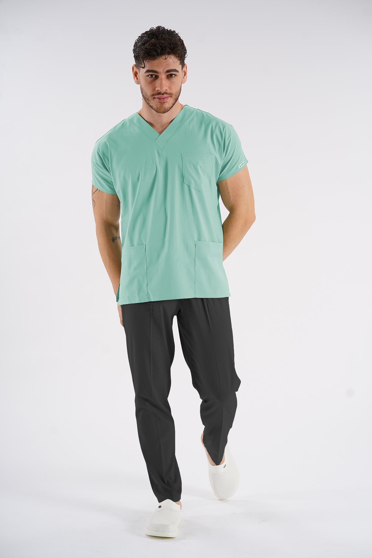 Buz Yeşili Dr.Greys Modeli Soft Likralı Hemşire Doktor Forması Scrubs Tek Üst Unisex Yarasa Kol