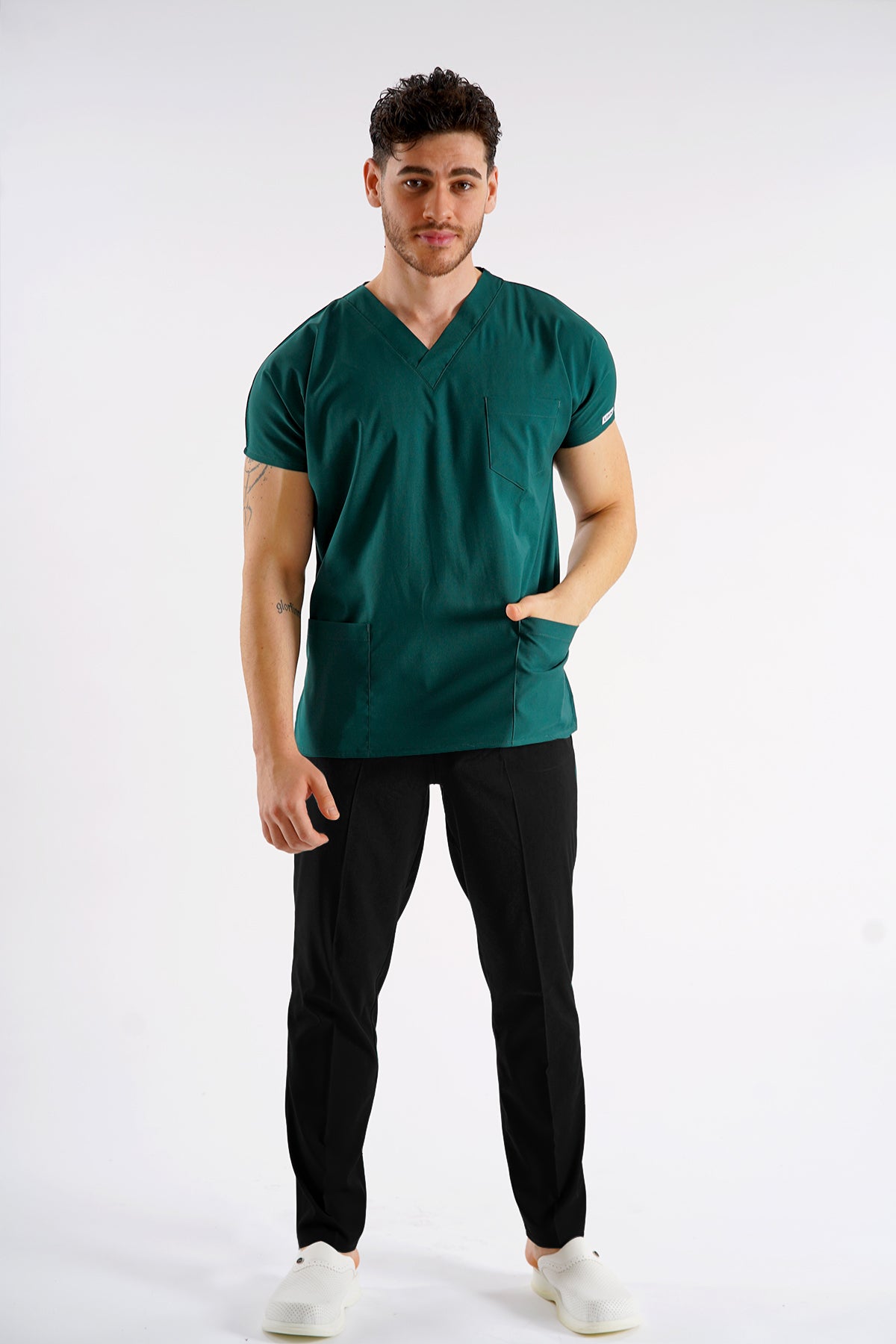 Avcı Yeşili Dr.Greys Modeli Likralı Hemşire Doktor Forması Scrubs Tek Üst Unisex Yarasa Kol