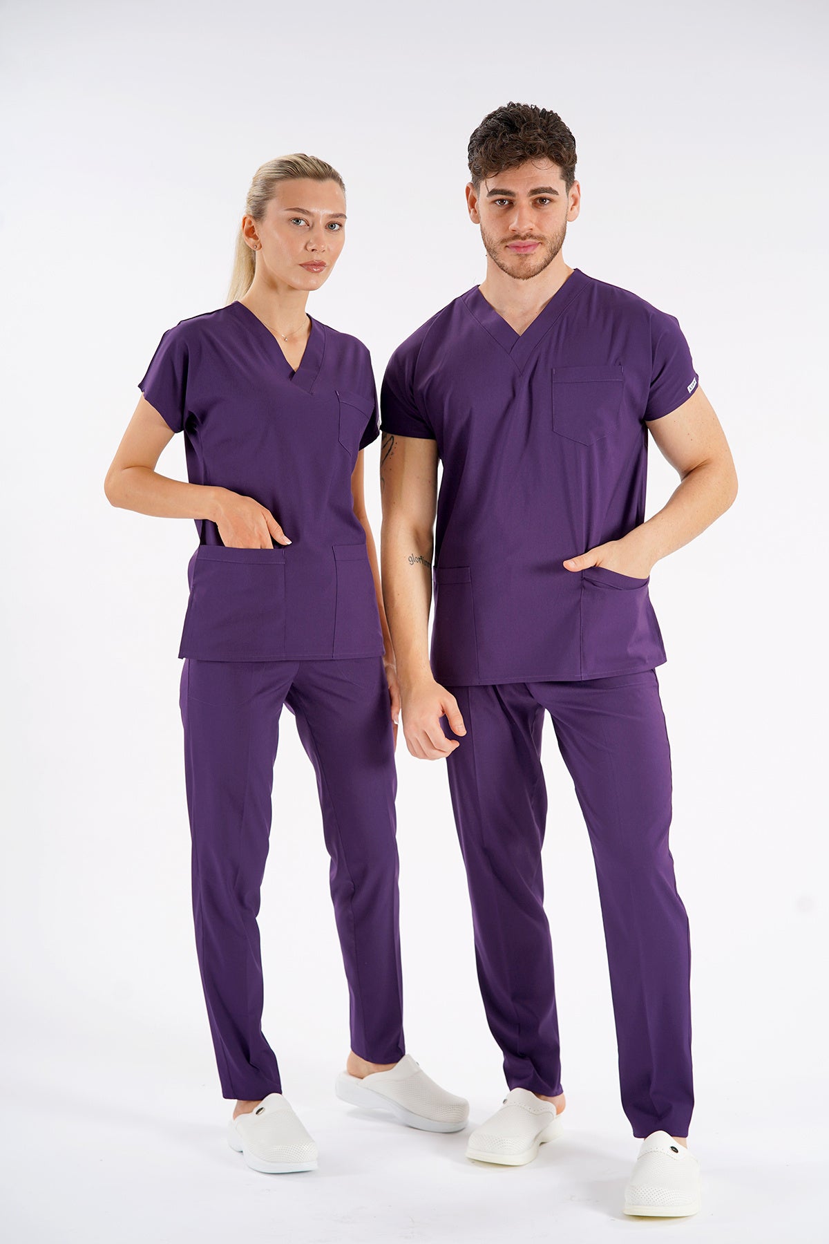 Mor Dr. Greys Modeli Likralı Hemşire Forması Unisex Yarasa Kol Doktor Scrubs Hastane Takımı