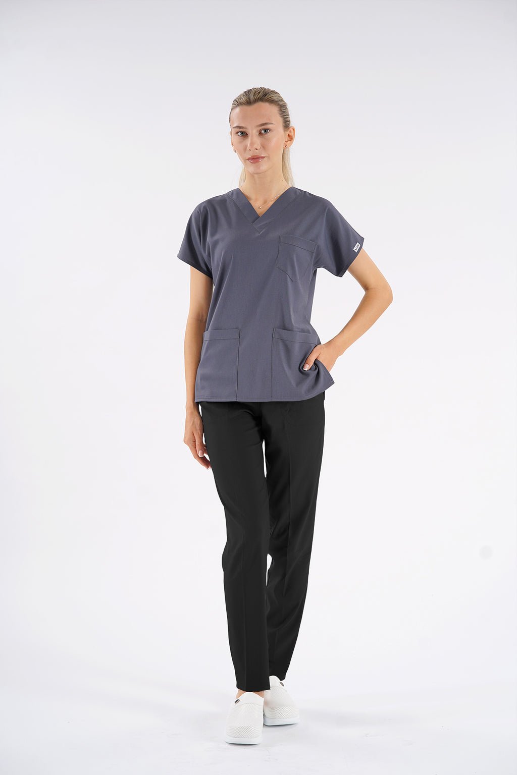 Füme Dr.Greys Modeli Likralı Hemşire Doktor Forması Scrubs Tek Üst Unisex Yarasa Kol