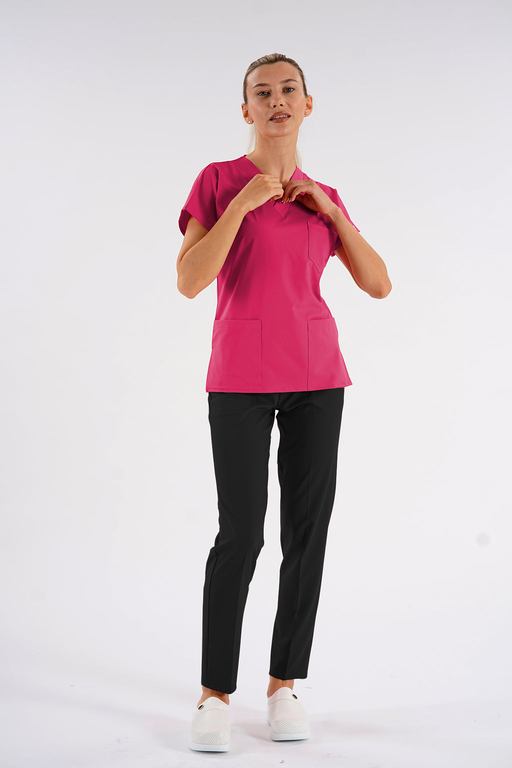 Fuşya Dr.Greys Modeli Soft Likralı Hemşire Doktor Forması Scrubs Tek Üst Unisex Yarasa Kol