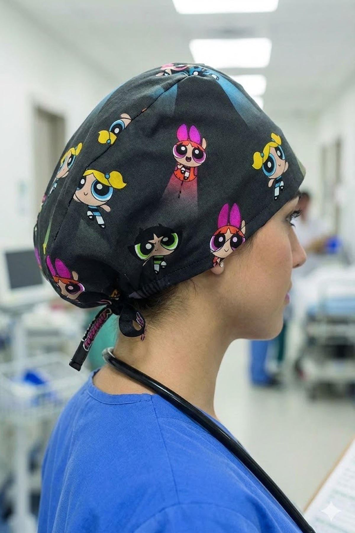 PowerPuff Girl Desenli Unisex Cerrahi Bone Hemşire ve Doktor Bone - PowerPuff Girl