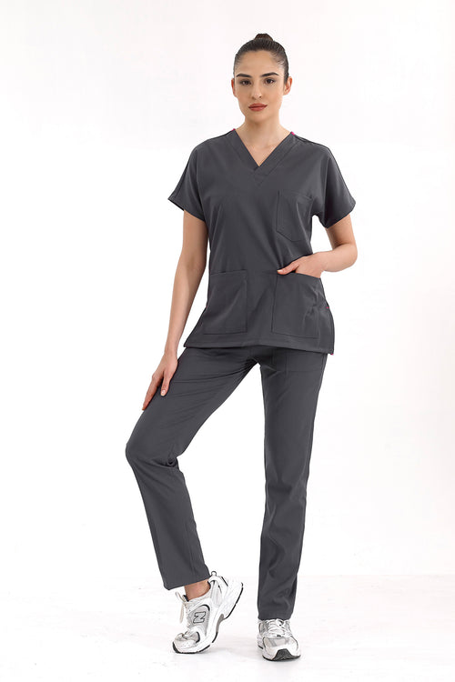 Füme Lüks Likralı Greys Alt Üst Takım Doktor Hemşire Scrubs Üniforma