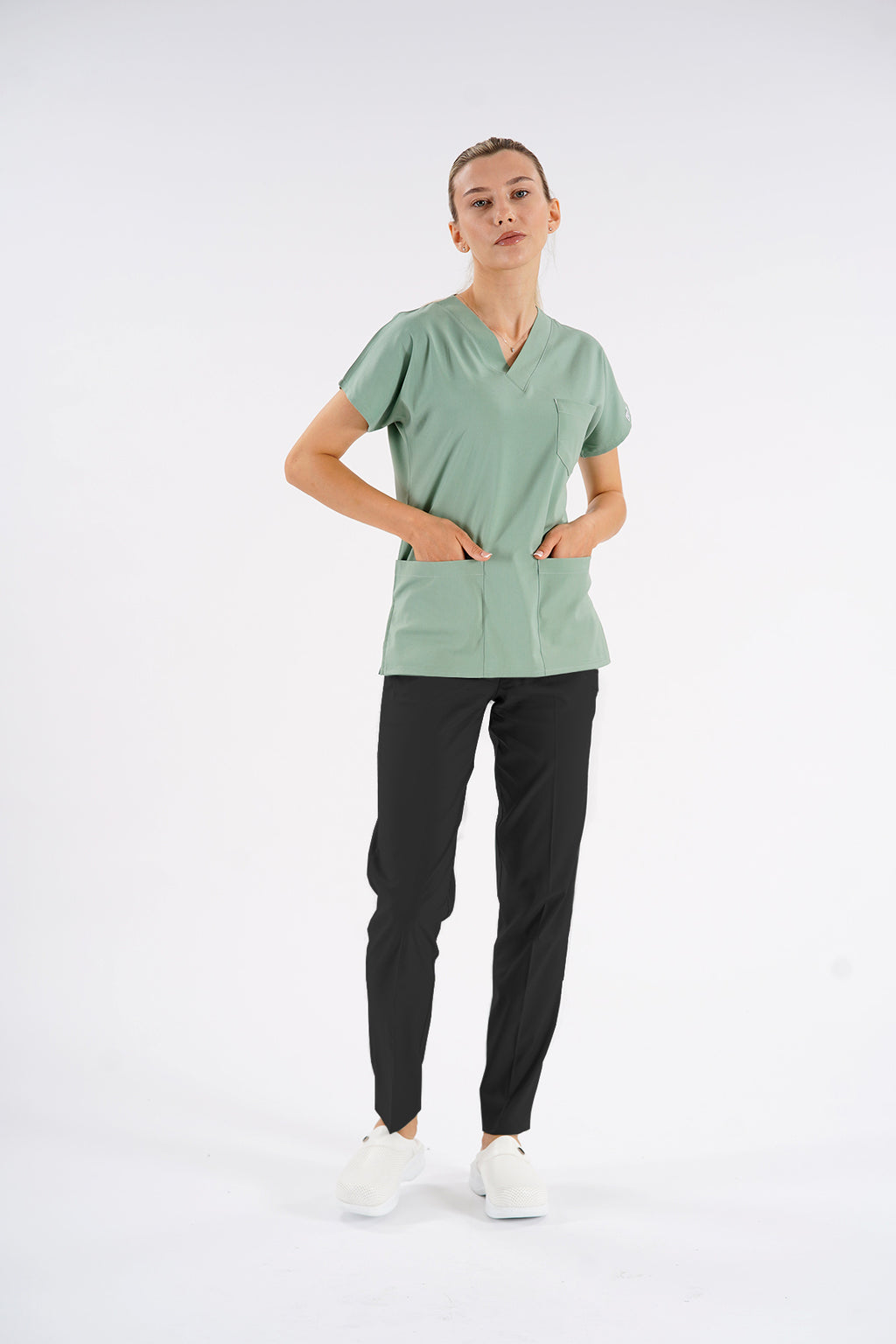 Küf Yeşili Dr. Greys Modeli Likralı Hemşire Doktor Forması Scrubs Tek Üst Unisex Yarasa Kol