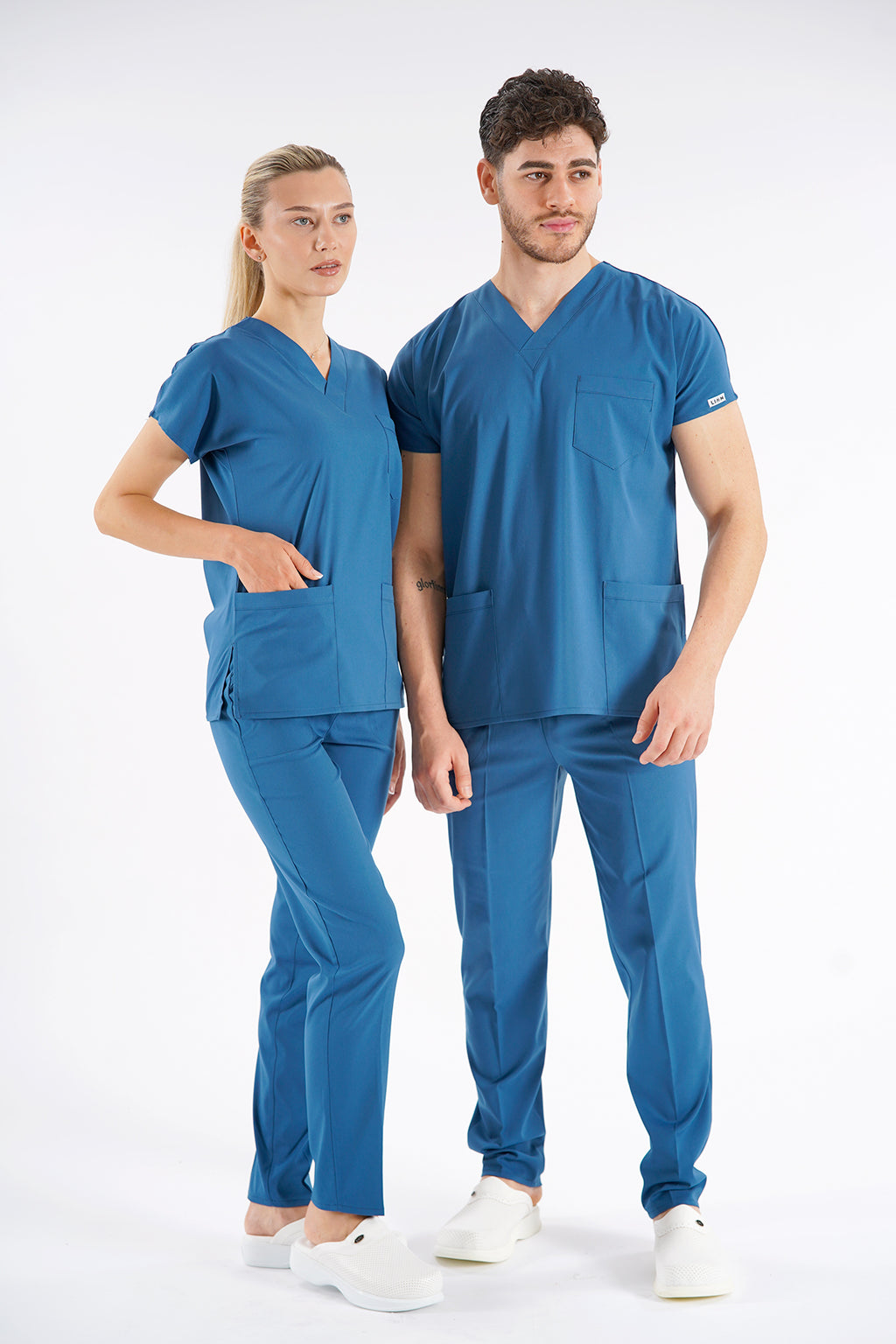 Fırtına Mavi Dr. Greys Modeli Likralı Hemşire Forması Unisex Yarasa Kol Doktor Scrubs Hastane Takımı