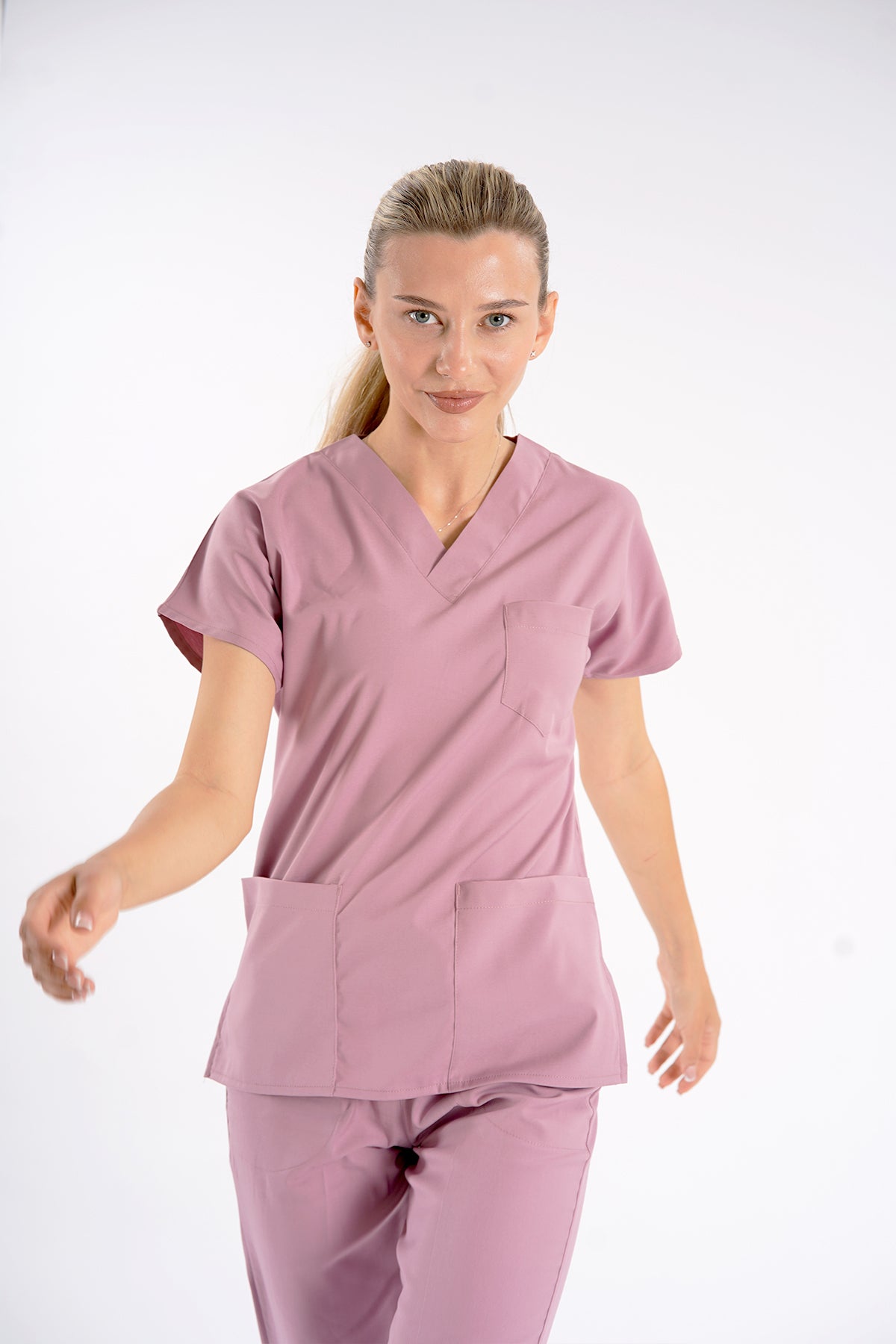 Gül Kurusu Dr. Greys Modeli Likralı Hemşire Forması Unisex Yarasa Kol Doktor Scrubs Hastane Takımı