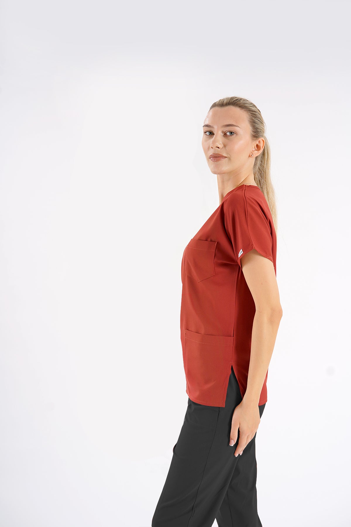 Kiremit Dr.Greys Modeli Likralı Hemşire Doktor Forması Scrubs Tek Üst Unisex Yarasa Kol